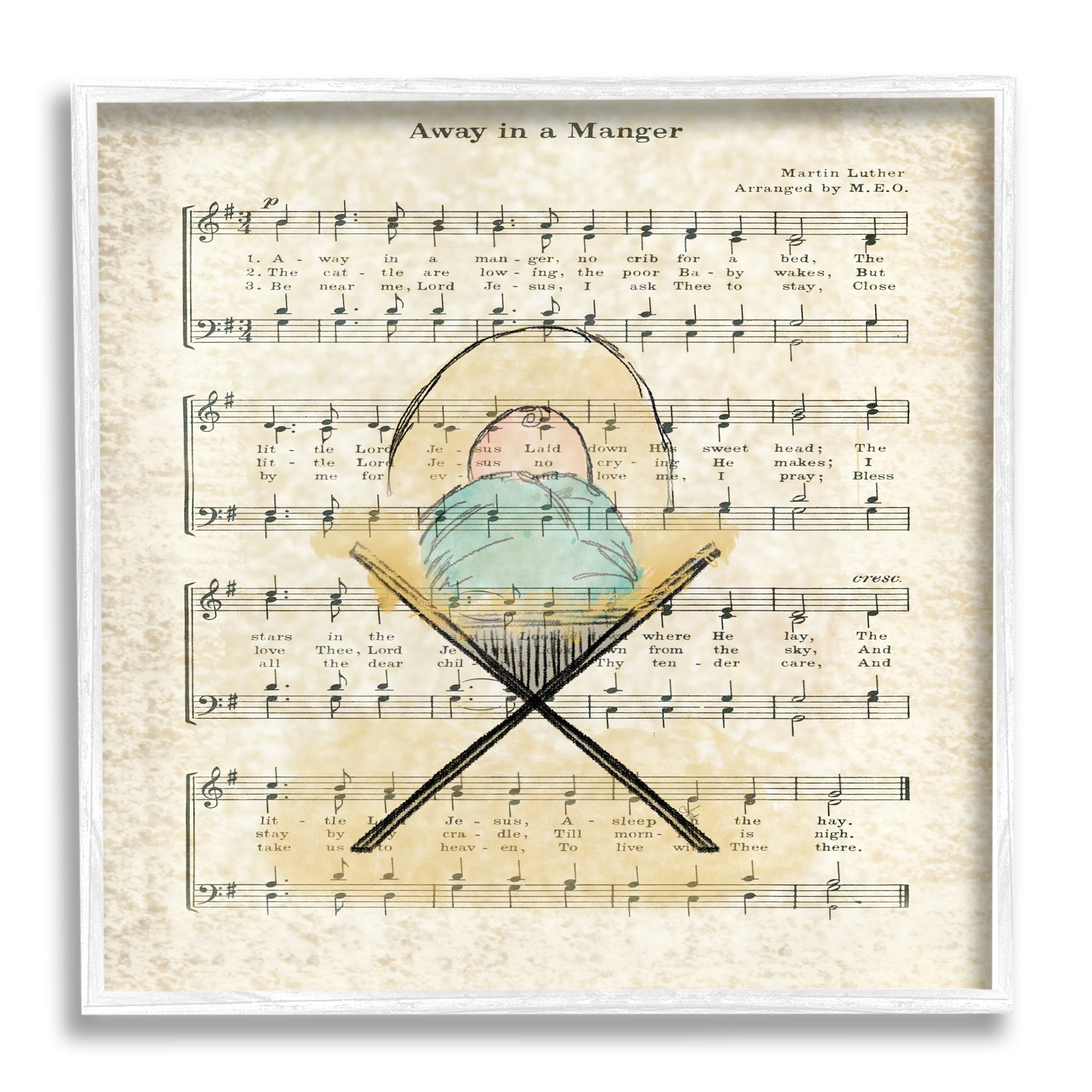 Stupell Industries Baby Jesus Cradle Away In Manger Musical Script Religious Painting White Framed Art Print Wall Art, 12 x 12