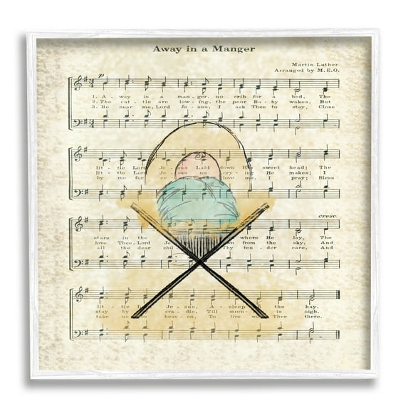 Stupell Industries Baby Jesus Cradle Away In Manger Musical Script Religious Painting White Framed Art Print Wall Art, 12 x 12