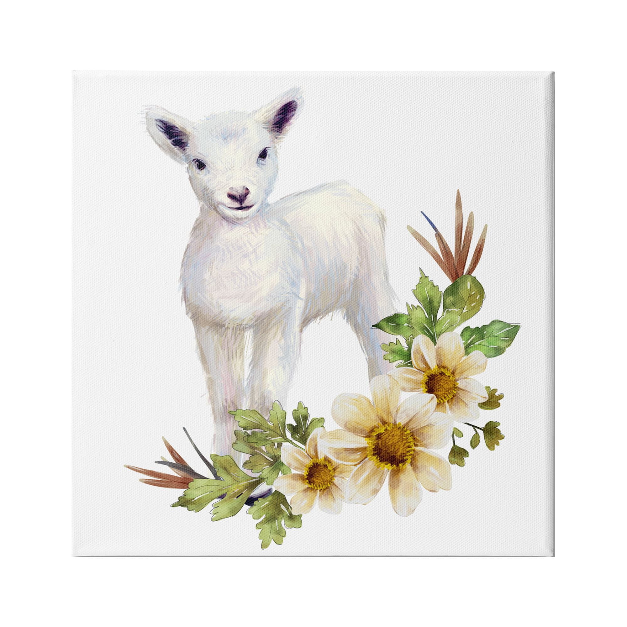 Stupell Industries Baby Lamb Autumn Daisy Florals Tree Leaf Foliage, 36 x 36,Design by Ziwei Li