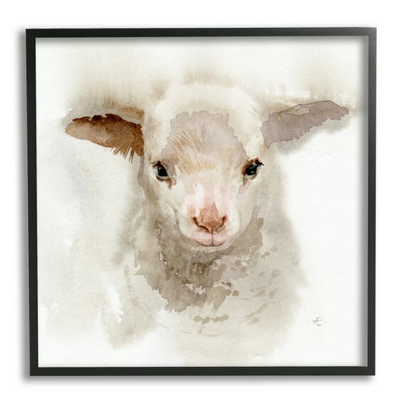 Stupell Industries Baby Lamb Farm Portrait Minimal Shaggy Animal Animals & Insects Painting Black Framed Art Print Wall Art, 12 x 12