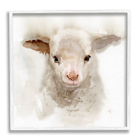 Stupell Industries Baby Lamb Farm Portrait Minimal Shaggy Animal Animals & Insects Painting White Framed Art Print Wall Art, 12 x 12