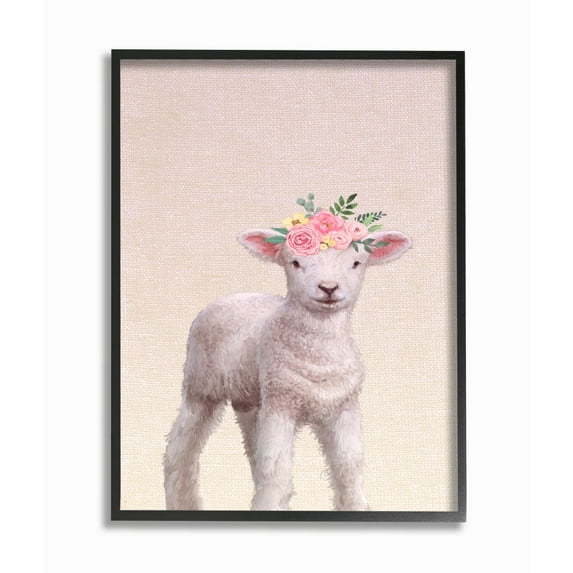 Stupell Industries Baby Lamb Floral Rose Crown Girly Pink Nursery Framed Wall Art Design by Ziwei Li, 11" x 14", Black Framed