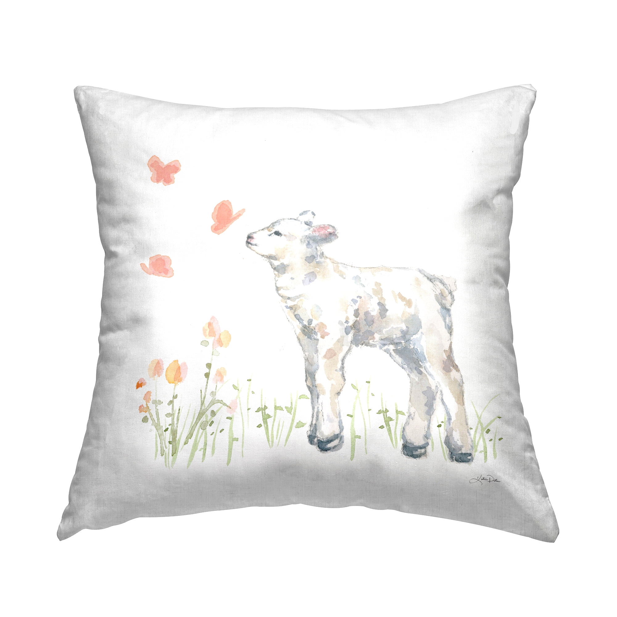 Stupell Industries Baby Lamb Pink Fluttering Butterflies Meadow Design by Katrina Pete Throw Pillow