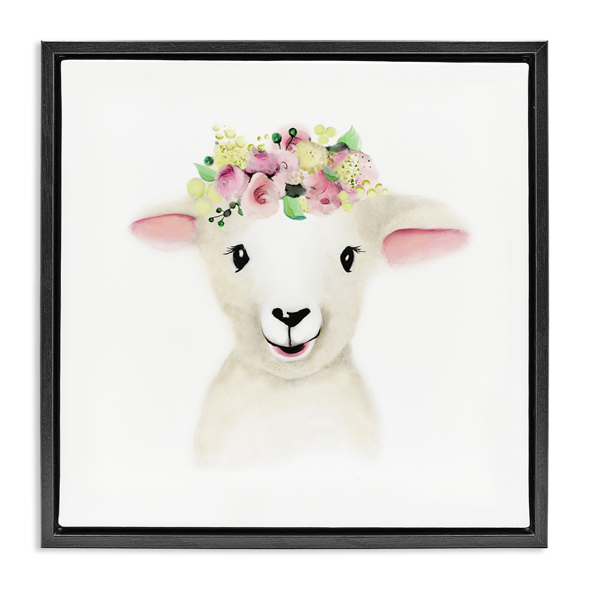 Stupell Industries Baby Lamb Sheep Flower Crown Art for Kids Painting Black Floater Framed Canvas Art Print Wall Art, 25 x 25