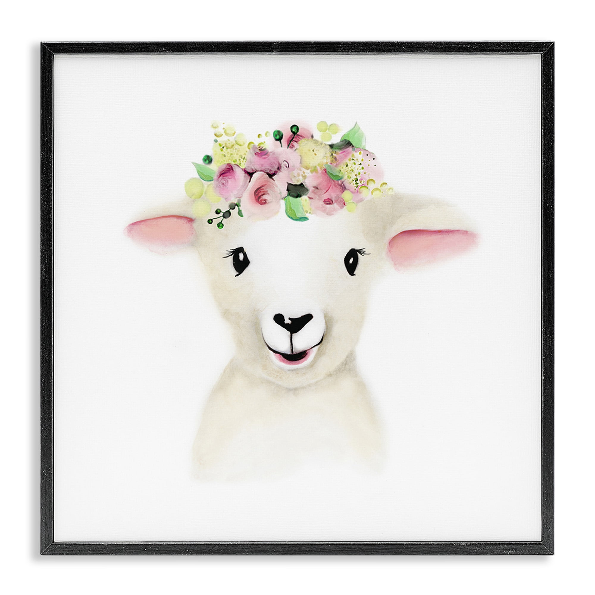 Stupell Industries Baby Lamb Sheep Flower Crown Art for Kids Painting Black Framed Art Print Wall Art, 24 x 24