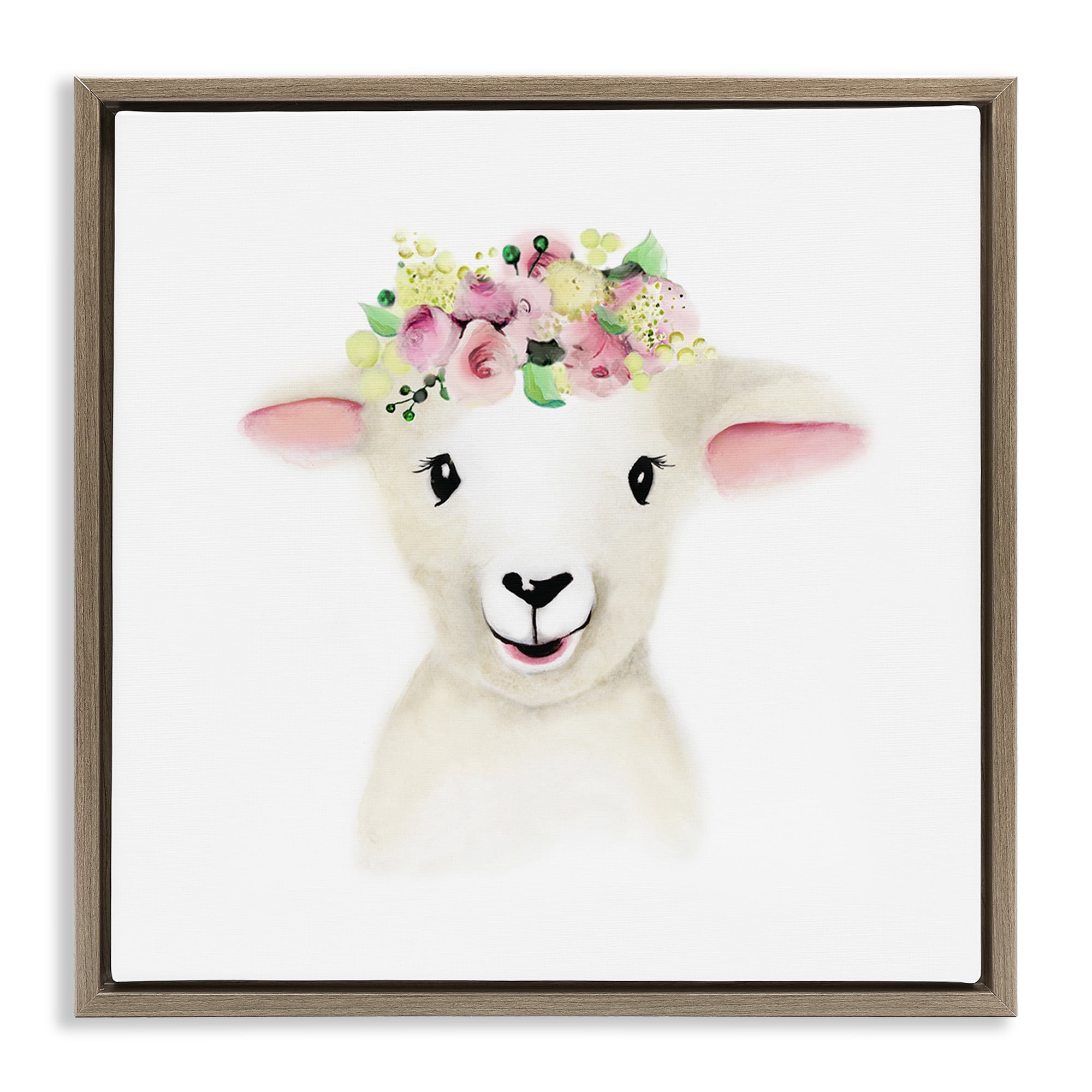 Stupell Industries Baby Lamb Sheep Flower Crown Art for Kids Painting Brown Floater Framed Canvas Art Print Wall Art, 25 x 25