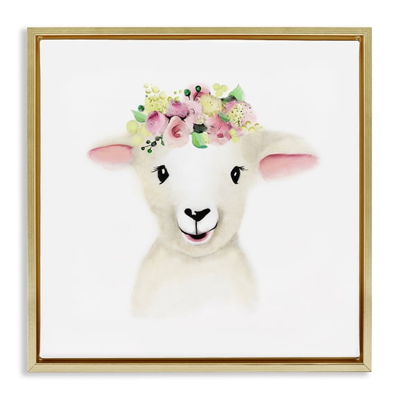 Stupell Industries Baby Lamb Sheep Flower Crown Art for Kids Painting Gold Floater Framed Canvas Art Print Wall Art, 25 x 25