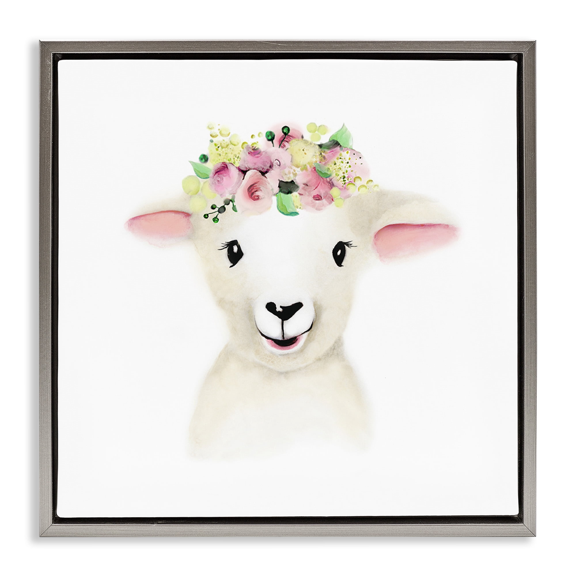 Stupell Industries Baby Lamb Sheep Flower Crown Art for Kids Painting Gray Floater Framed Canvas Art Print Wall Art, 25 x 25