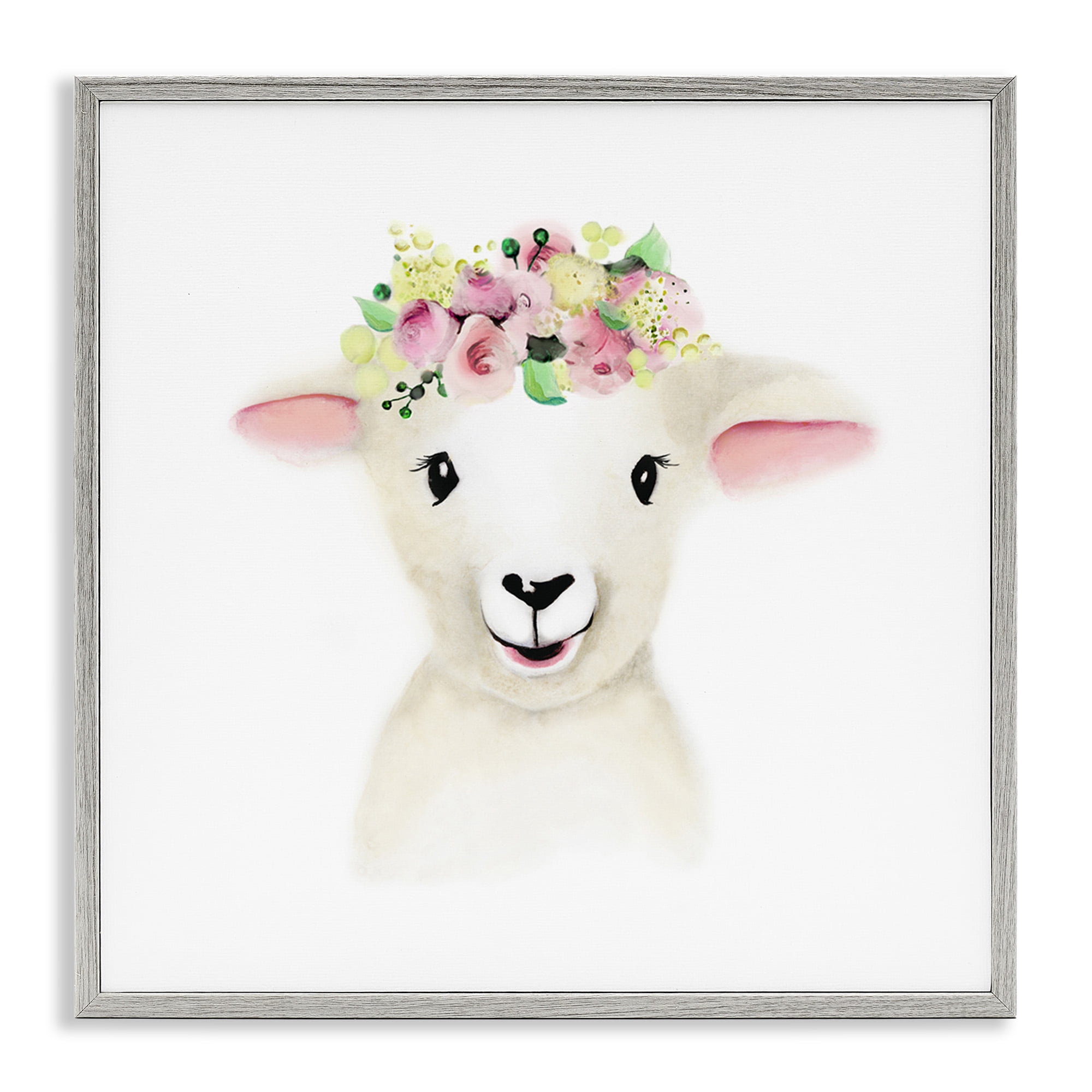 Stupell Industries Baby Lamb Sheep Flower Crown Art for Kids Painting Gray Framed Art Print Wall Art, 12 x 12