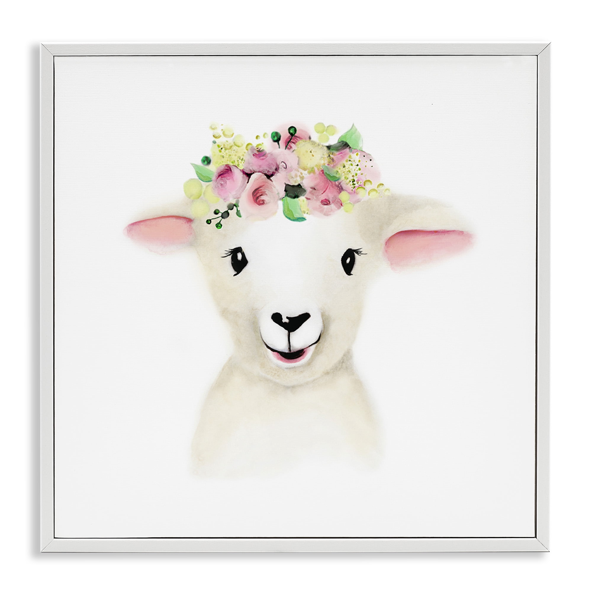 Stupell Industries Baby Lamb Sheep Flower Crown Art for Kids Painting White Framed Art Print Wall Art, 24 x 24
