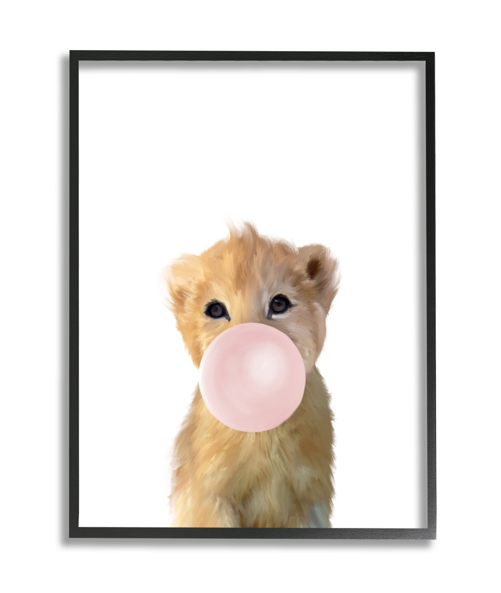 Stupell Industries Baby Lion with Pink Bubble Gum Jungle Animal Black Framed, 11 x 14, Design by Leah Straatsma