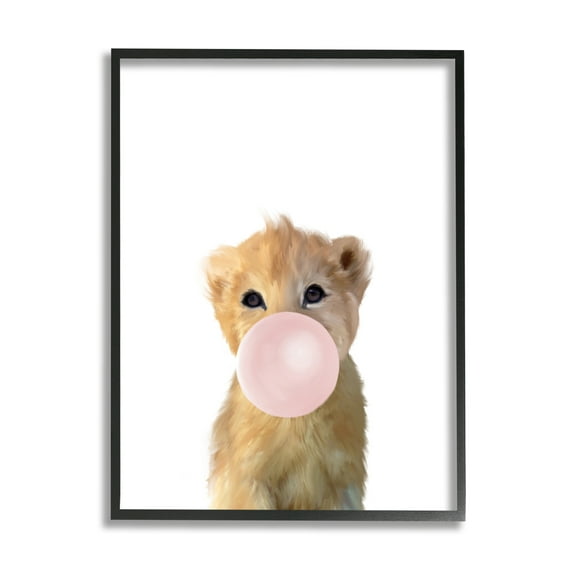 Stupell Industries Baby Lion with Pink Bubble Gum Jungle Animal Black Framed, 24 x 30, Design by Leah Straatsma