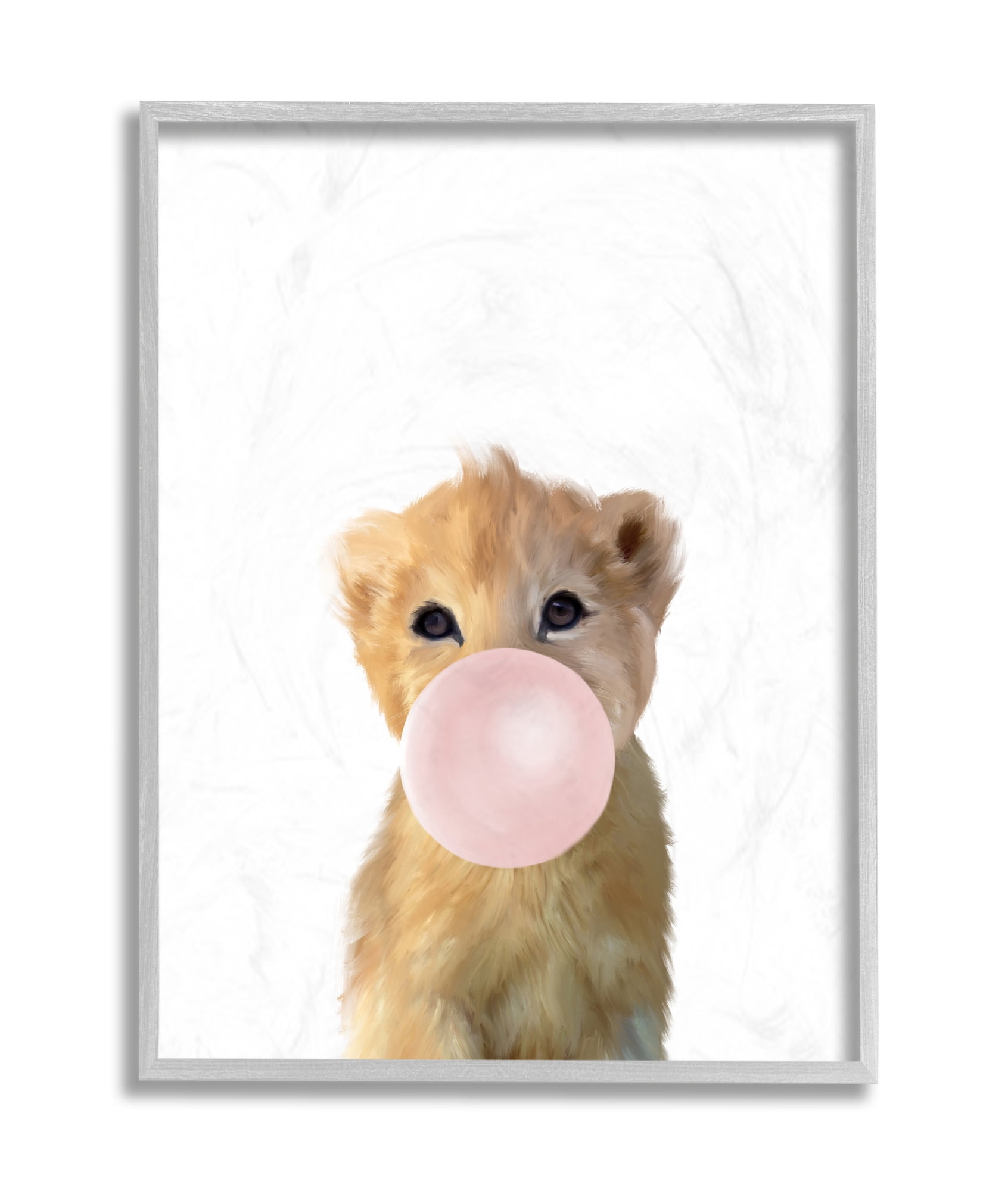Stupell Industries Baby Lion with Pink Bubble Gum Jungle Animal Grey Framed, 11 x 14, Design by Leah Straatsma