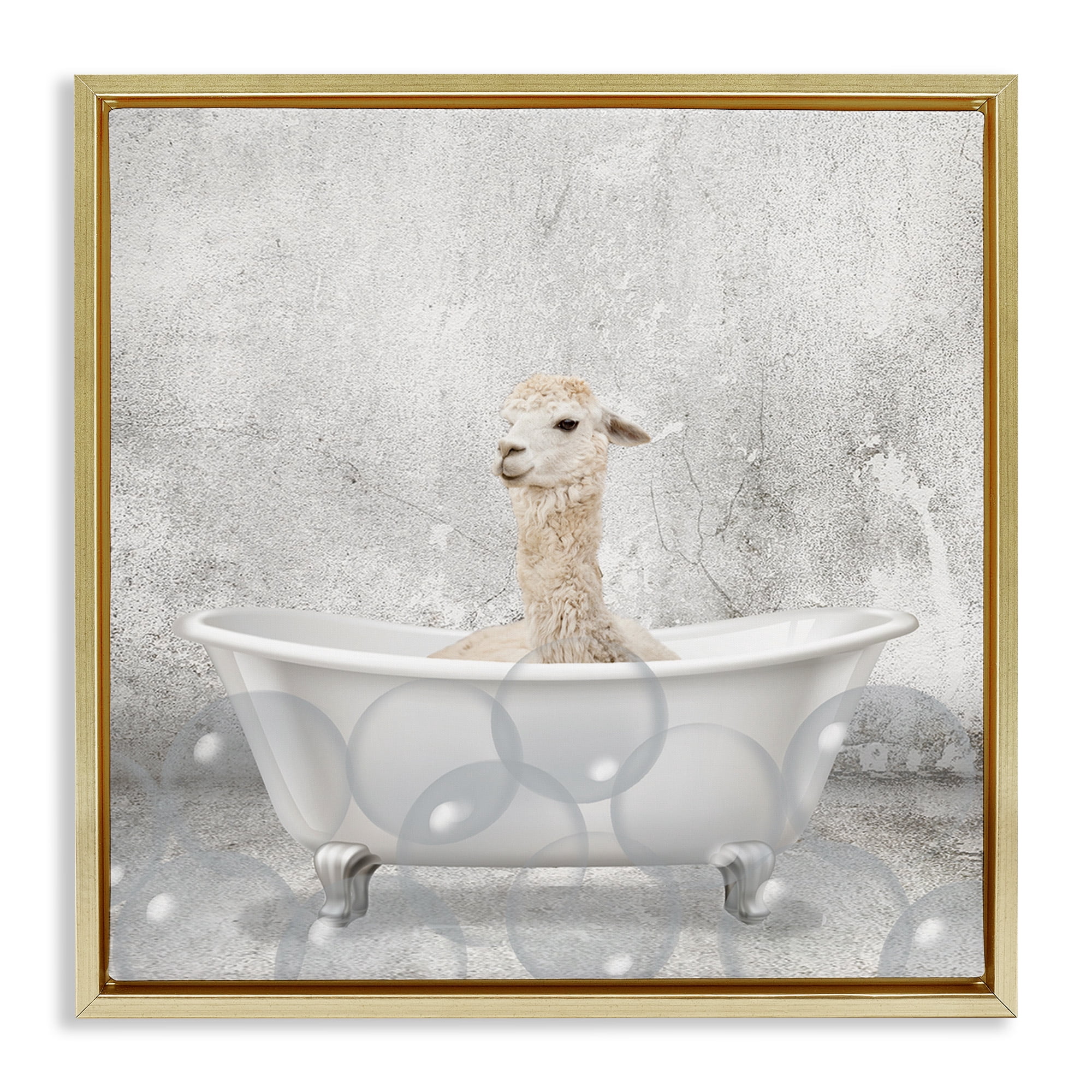 Stupell Industries Baby Llama Bath Time Animals & Insects Painting Gold Floater Framed Canvas Art Print Wall Art, 18 x 18