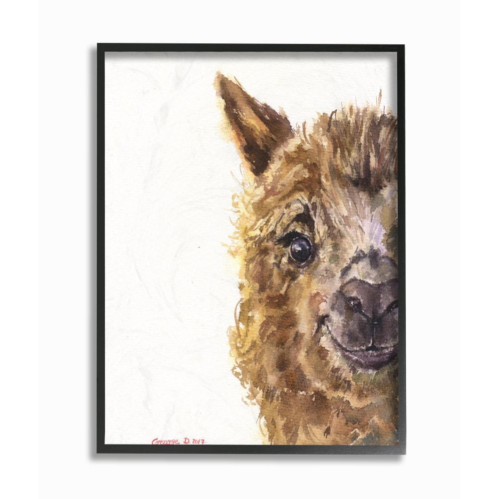 Stupell Industries Baby Llama Head Watercolor Painting Framed Giclee Texturized Art by George Dyachenko
