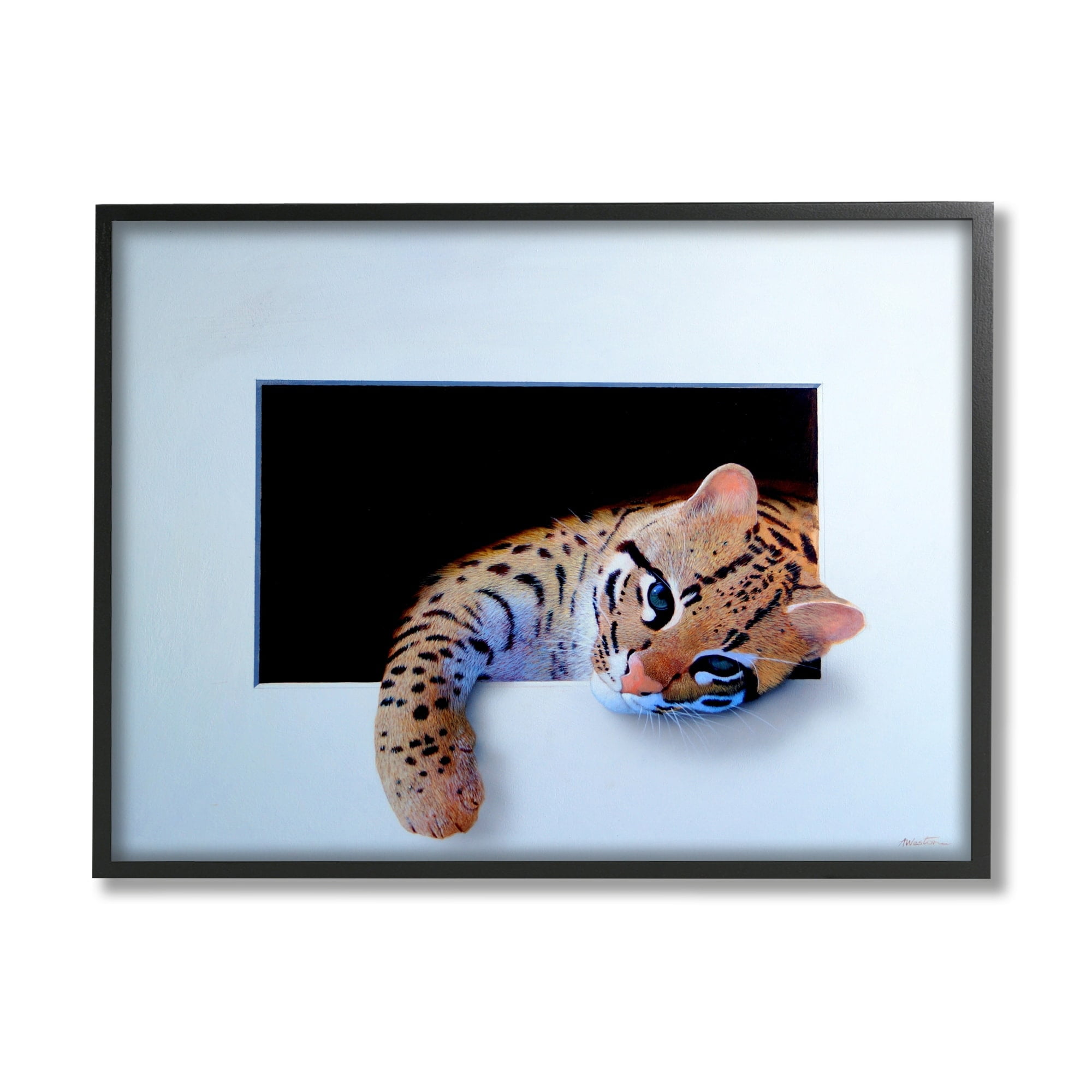 Stupell Industries Baby Ocelot Cat Relaxing Paw Dark Mysterious Space Painting Black Framed Art Print Wall Art, Design by Alan Weston