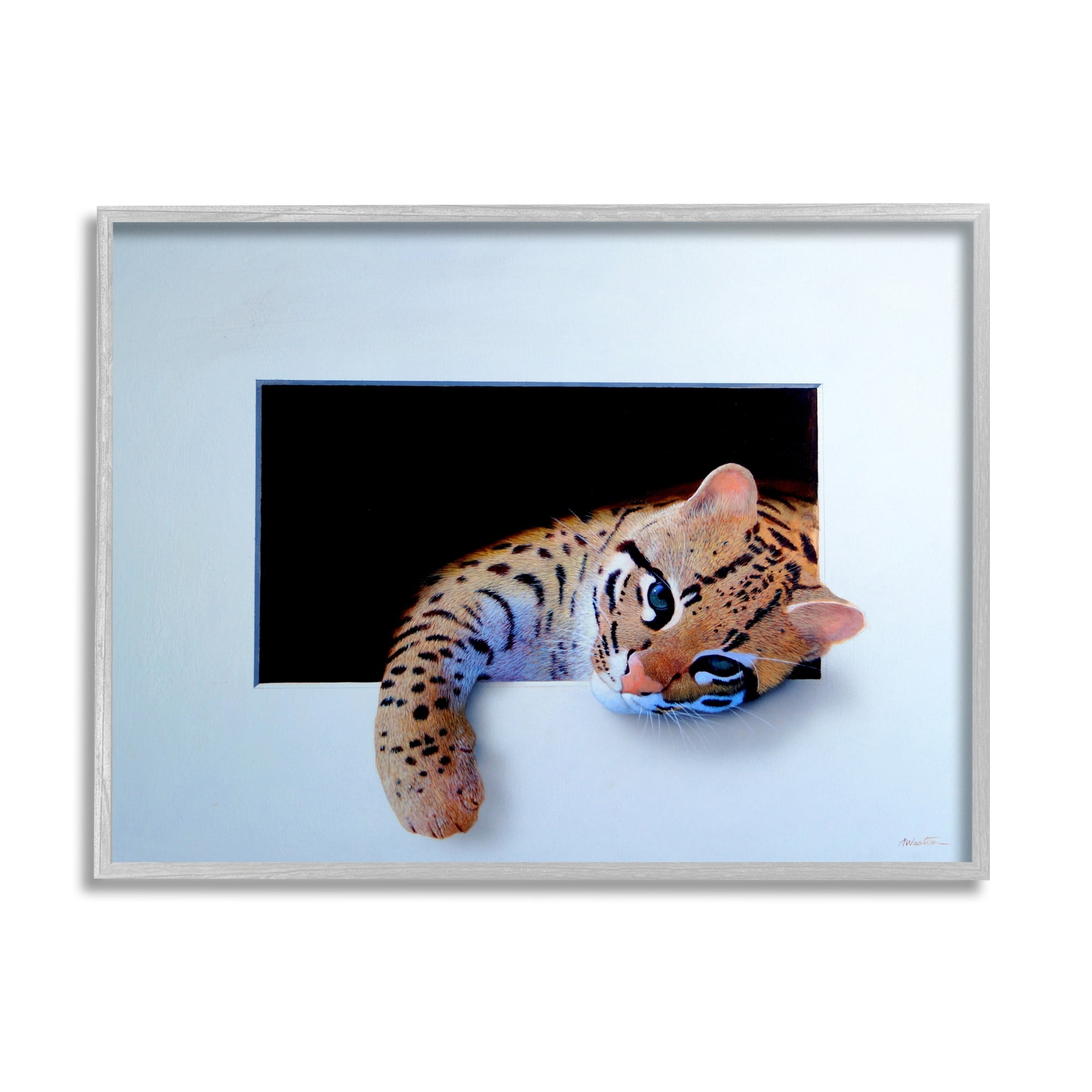 Stupell Industries Baby Ocelot Cat Relaxing Paw Dark Mysterious Space Painting Gray Framed Art Print Wall Art, Design by Alan Weston