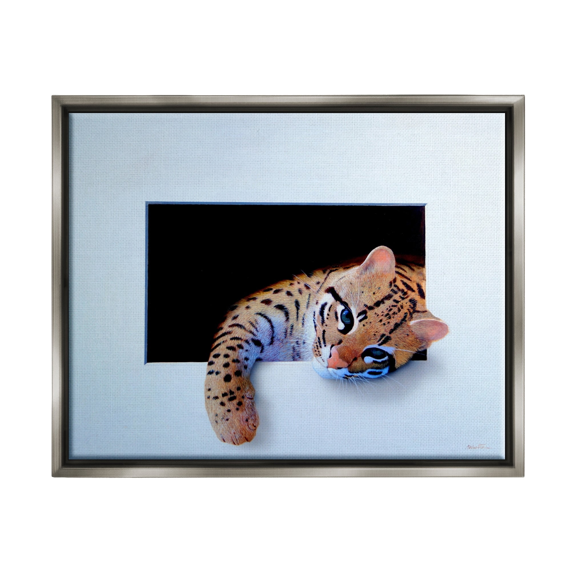Stupell Industries Baby Ocelot Cat Relaxing Paw Dark Mysterious Space Painting Luster Gray Floating Framed Canvas Print Wall Art, Design by Alan Weston