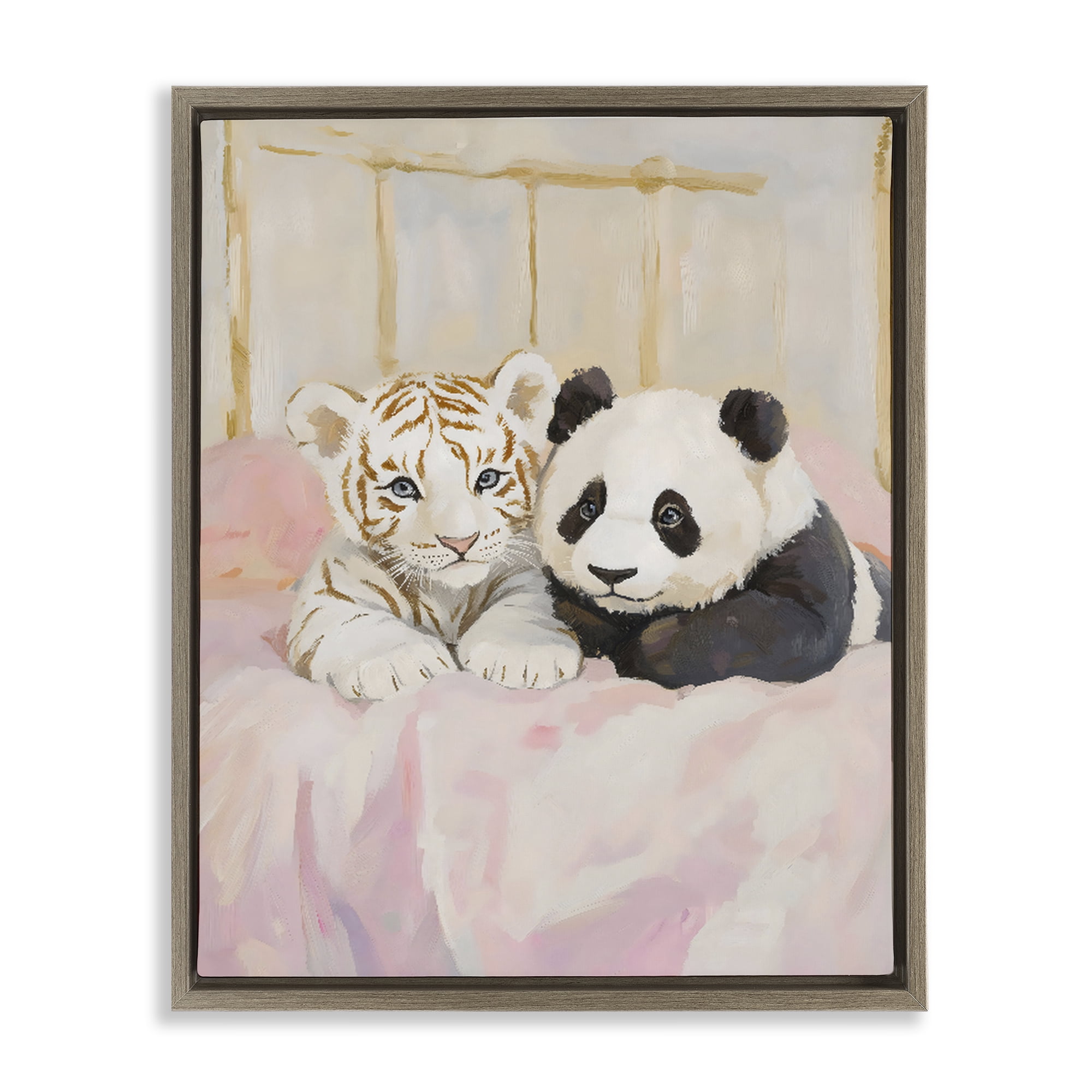 Stupell Industries Baby Panda & Tiger Cuddles Brown Framed Floater Canvas Wall Art, design by The Prints Vibe