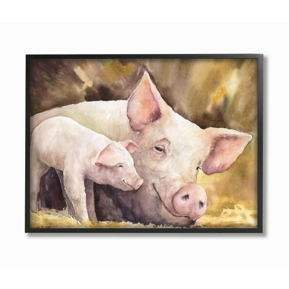 Stupell Industries Baby Pig Family Animal Watercolor Painting Framed Giclee Texturized Art by George Dyachenko