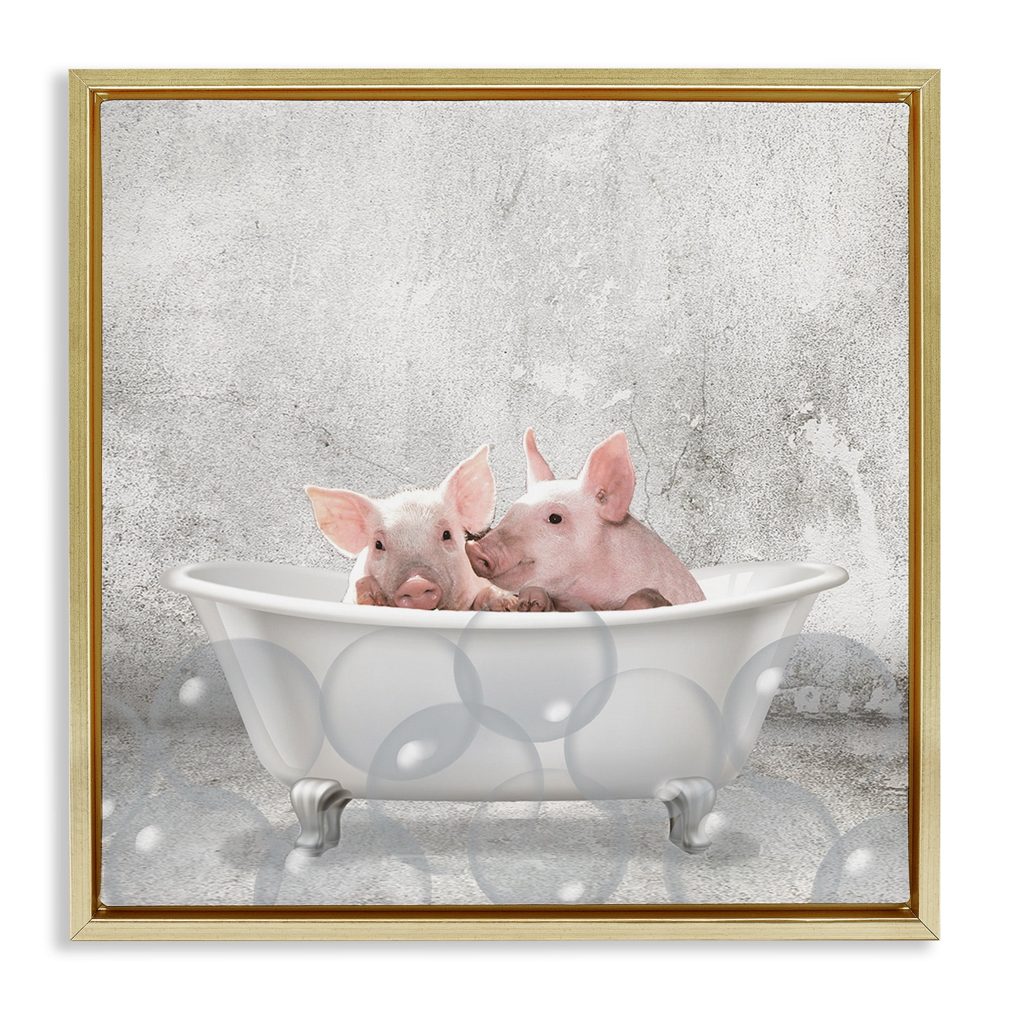 Stupell Industries Baby Piglets Bath Time Animals & Insects Painting Gold Floater Framed Canvas Art Print Wall Art, 18 x 18