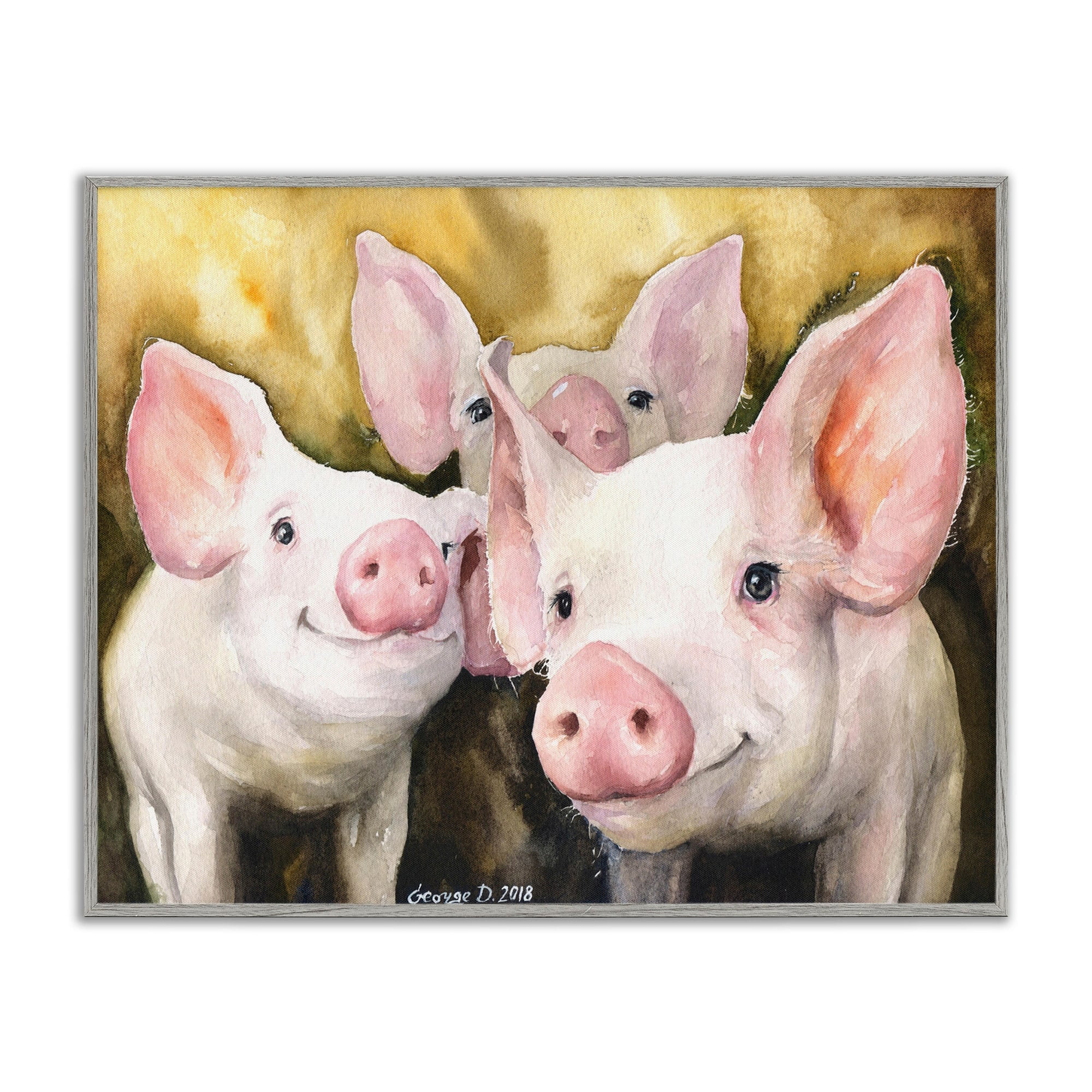 Stupell Industries Baby Pigs Animal Yellow Watercolor Painting Gray Framed Art Print Wall Art, 16x20, by George Dyachenko