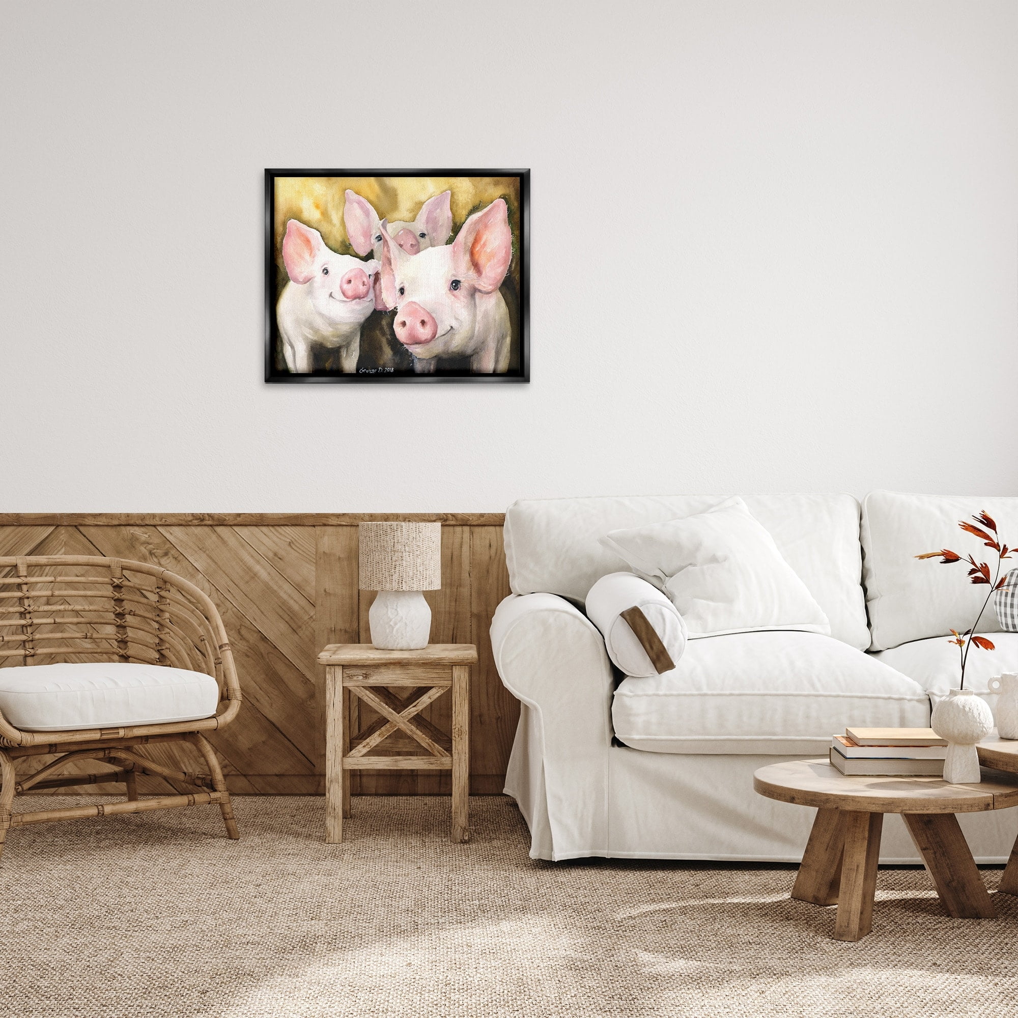 Stupell Industries Baby Pigs Animal Yellow Watercolor Painting Jet Black Framed Floating Canvas Wall Art, 24x30, by George Dyachenko