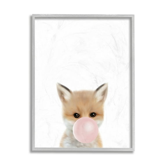 Stupell Industries Baby Red Fox with Pink Bubble Gum Woodland Animal Grey Framed, 16 x 20, Design by Leah Straatsma