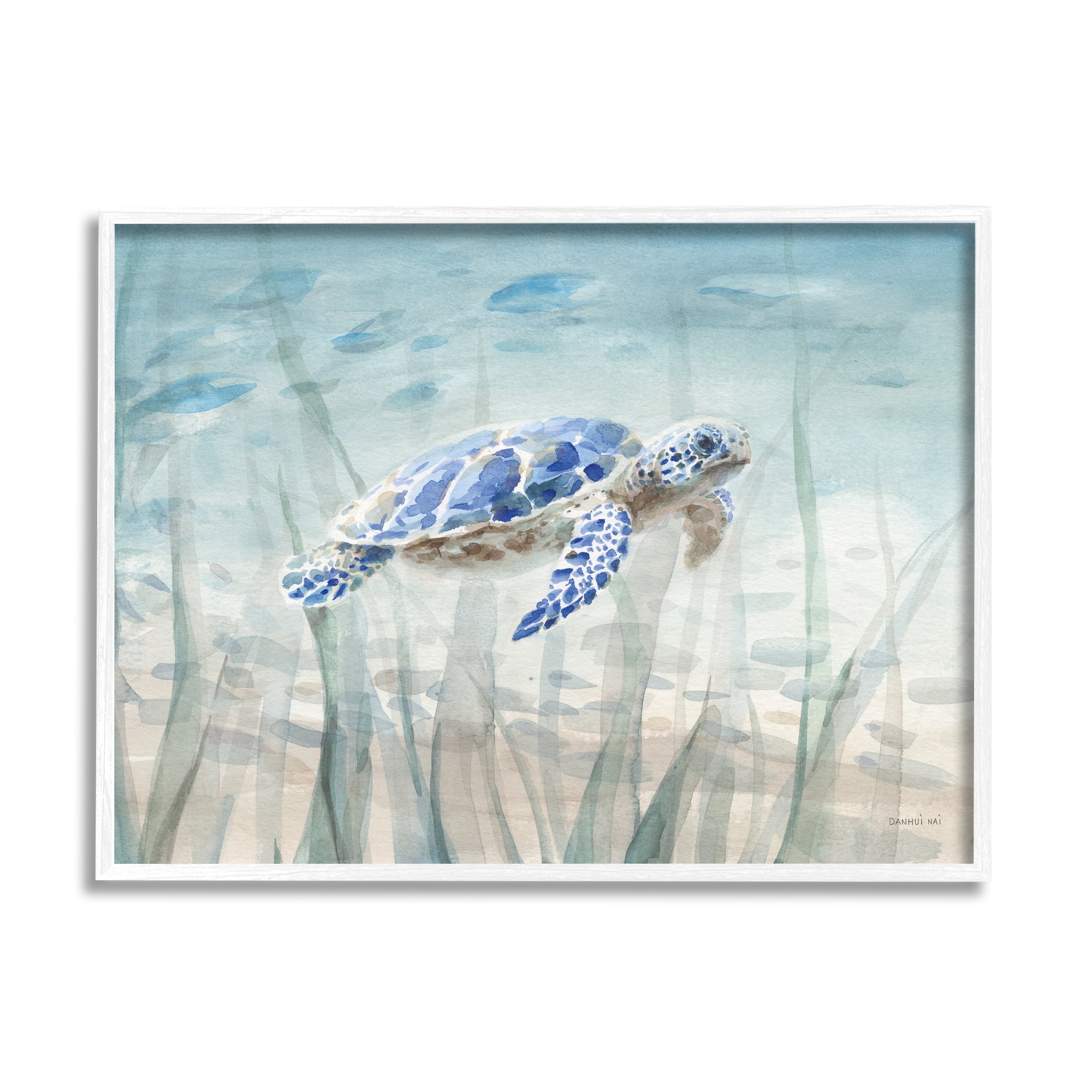 Blue Sea Turtle Canvas Print with White Frame, 14" x 11"