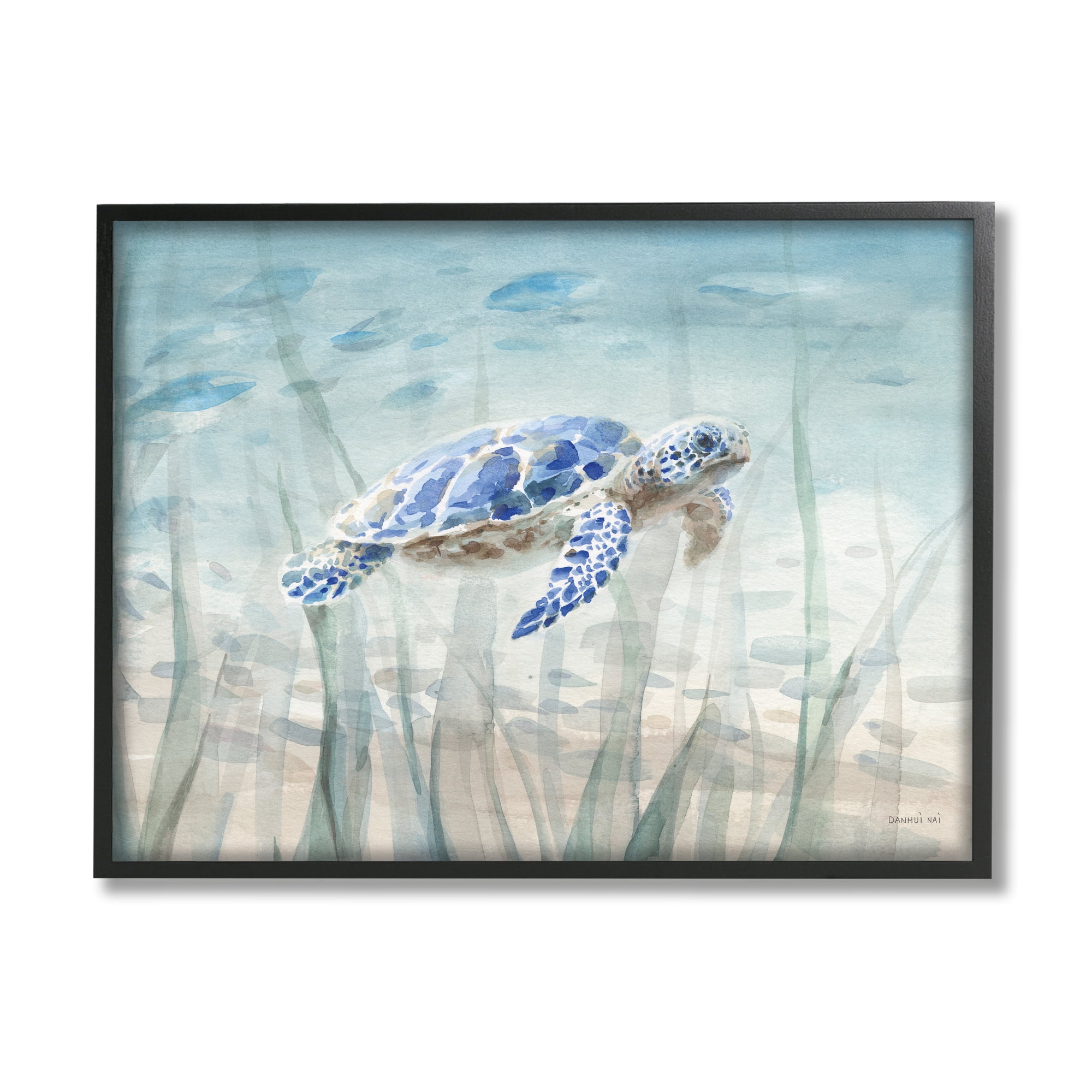 Blue and White Sea Turtle Canvas Print with Black Frame