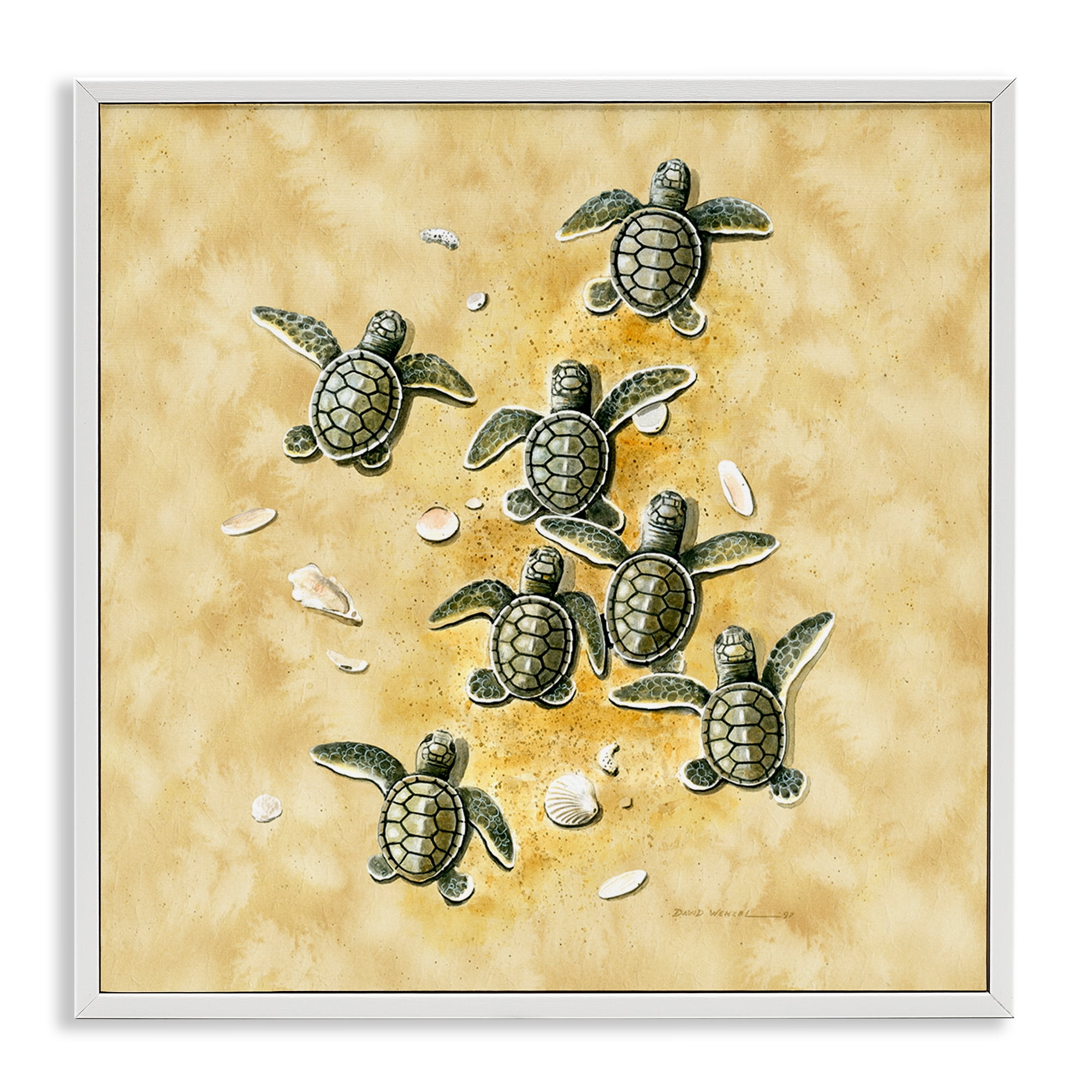 Stupell Industries Baby Sea Turtles Shore Animals Painting White Framed Art Print Wall Art, 17 x 17