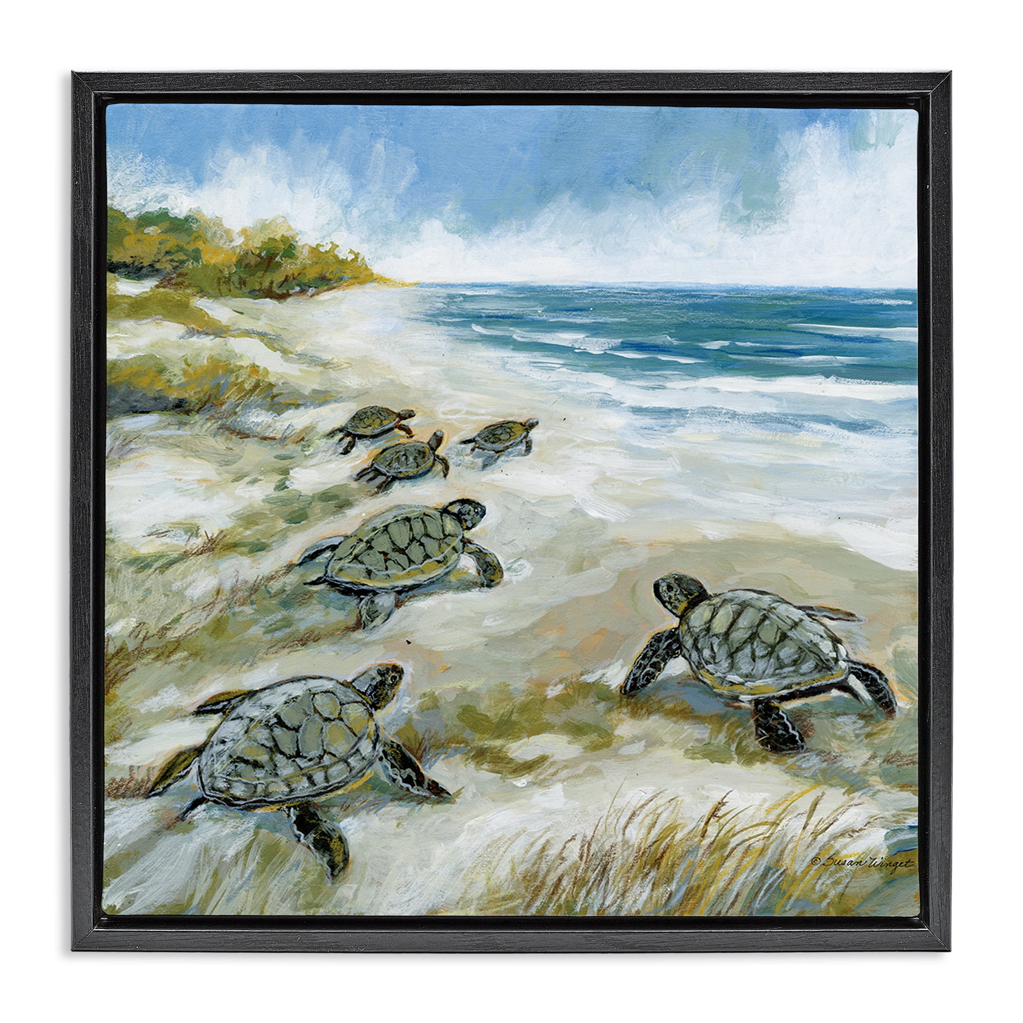 Stupell Industries Baby Sea Turtles on Beach Black Framed Floater Canvas Wall Art, design by Susan Winget