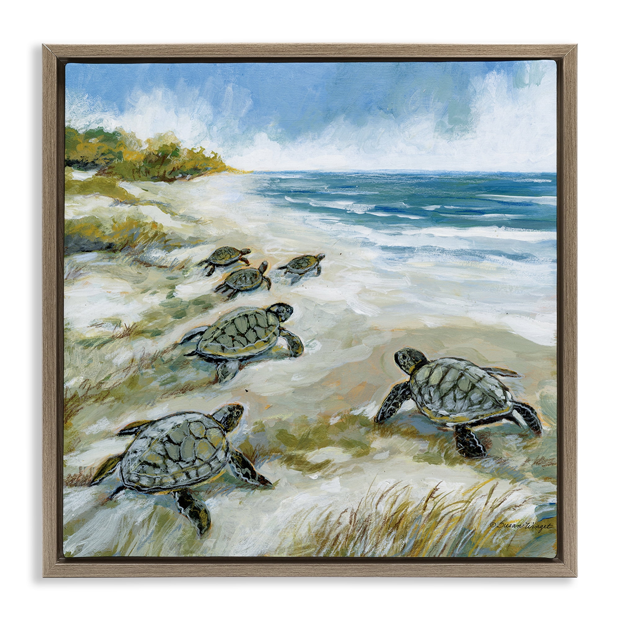 Stupell Industries Baby Sea Turtles on Beach Brown Framed Floater Canvas Wall Art, design by Susan Winget