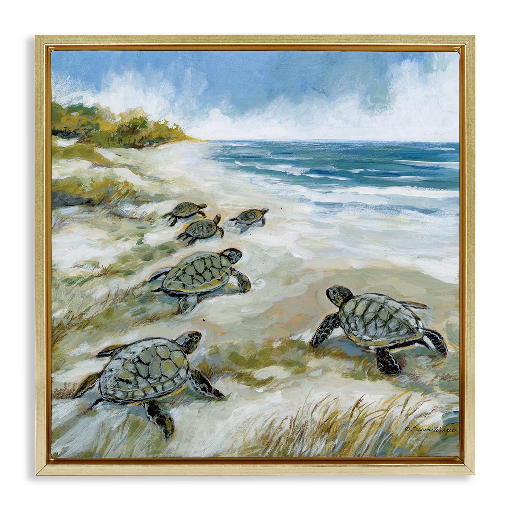 Stupell Industries Baby Sea Turtles on Beach Gold Framed Floater Canvas Wall Art, design by Susan Winget