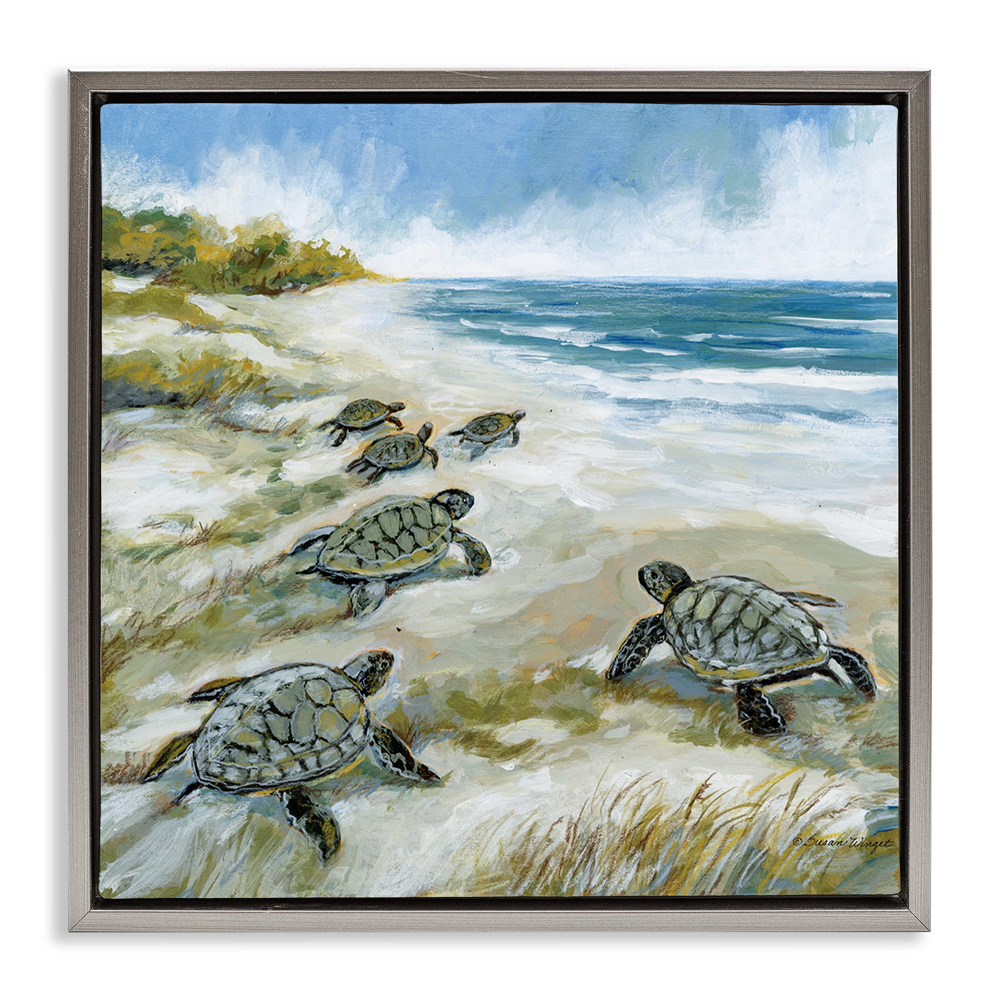 Stupell Industries Baby Sea Turtles on Beach Gray Framed Floater Canvas Wall Art, design by Susan Winget