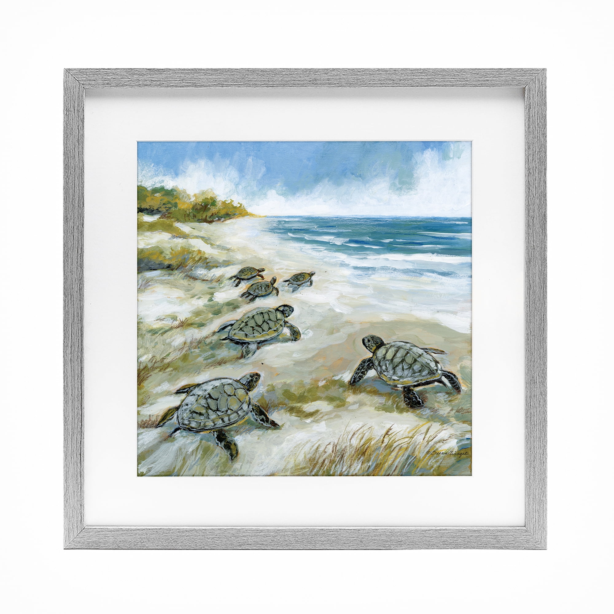 Stupell Industries Baby Sea Turtles on Beach Gray Framed Print Under Glass, design by Susan Winget