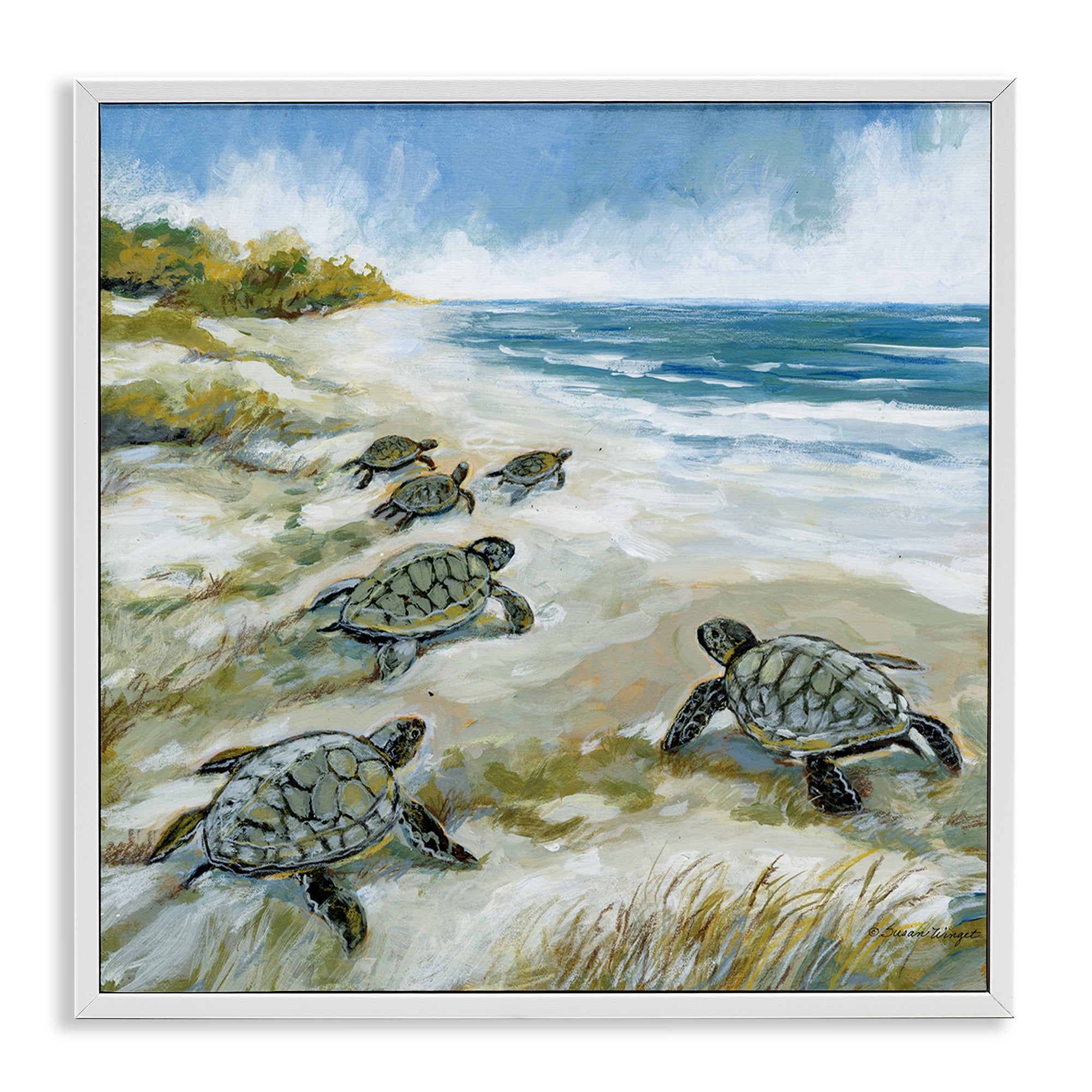 Stupell Industries Baby Sea Turtles on Beach White Framed Giclee Art, design by Susan Winget