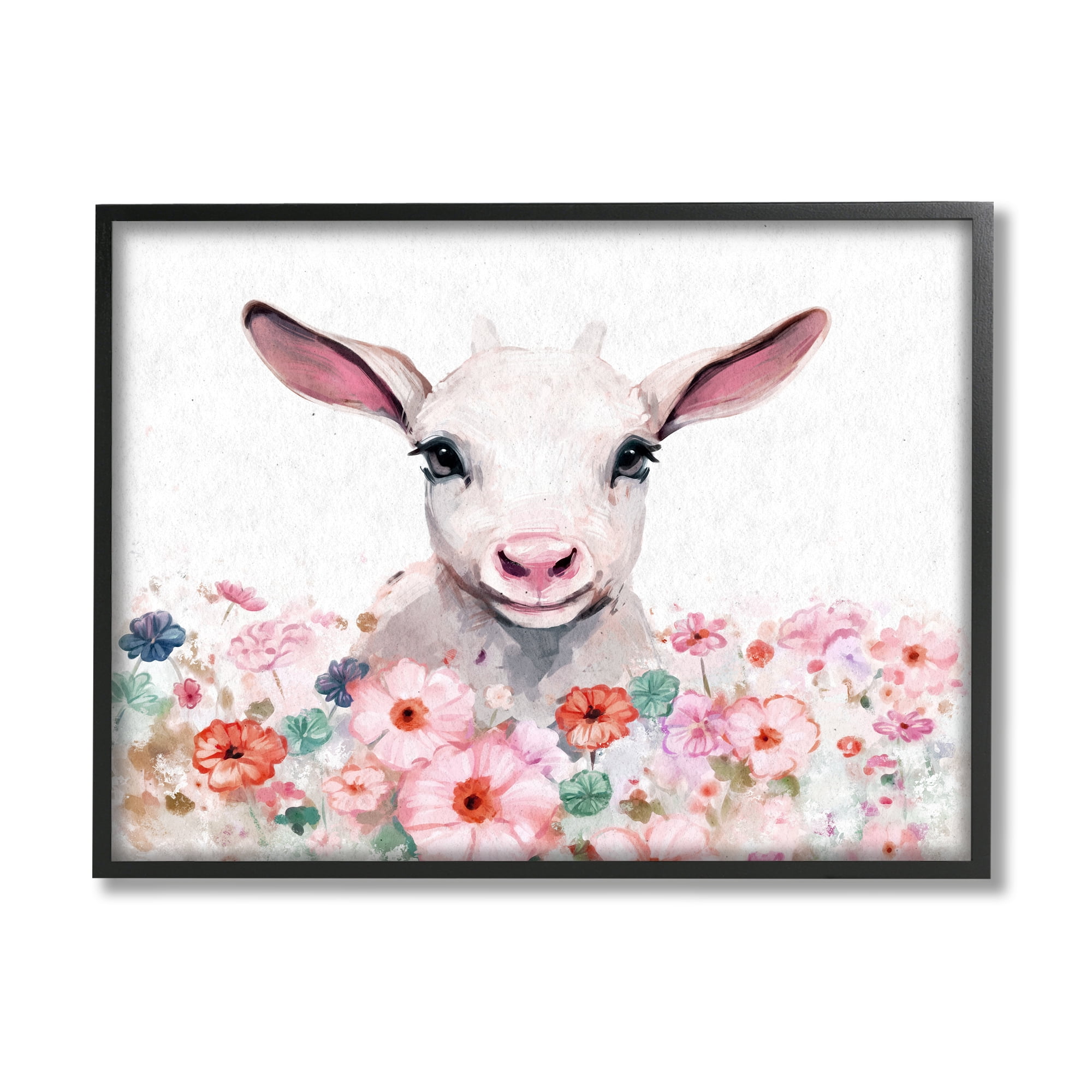 Stupell Industries Baby Sheep & Pink Flowers Animals & Insects Painting Black Framed Art Print Wall Art, 30 x 24