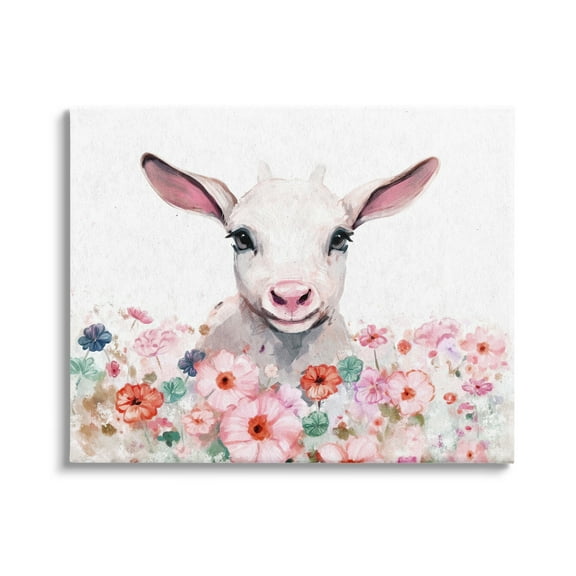 Stupell Industries Baby Sheep & Pink Flowers Animals & Insects Painting Gallery Wrapped Canvas Art Print Wall Art, 20 x 16