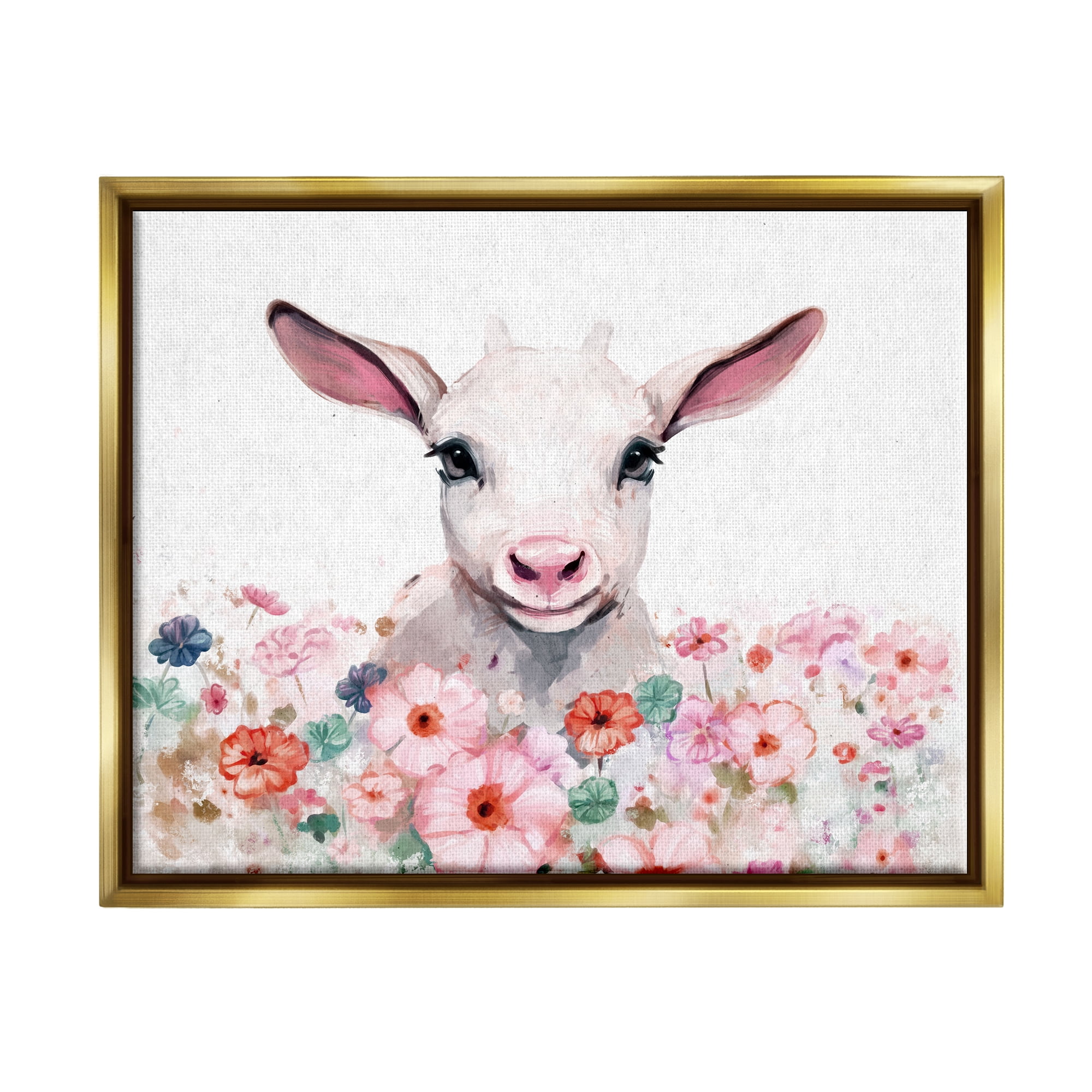 Stupell Industries Baby Sheep & Pink Flowers Animals & Insects Painting Gold Floater Framed Canvas Art Print Wall Art, 31 x 25
