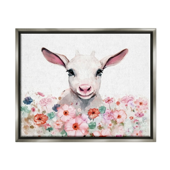 Stupell Industries Baby Sheep & Pink Flowers Animals & Insects Painting Gray Floater Framed Canvas Art Print Wall Art, 31 x 25