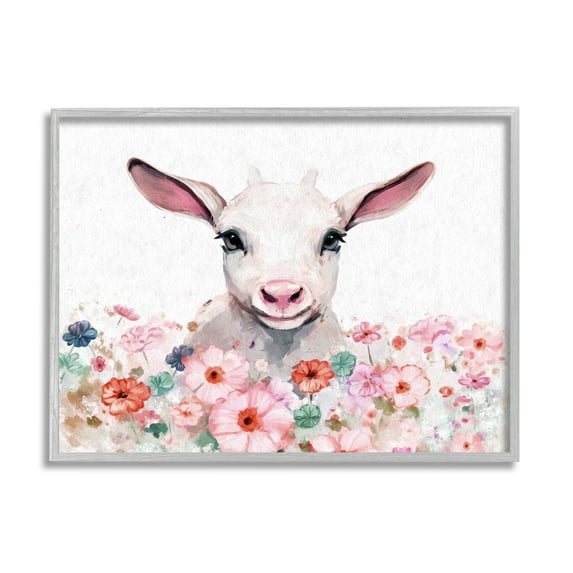 Stupell Industries Baby Sheep & Pink Flowers Animals & Insects Painting Gray Framed Art Print Wall Art, 14 x 11