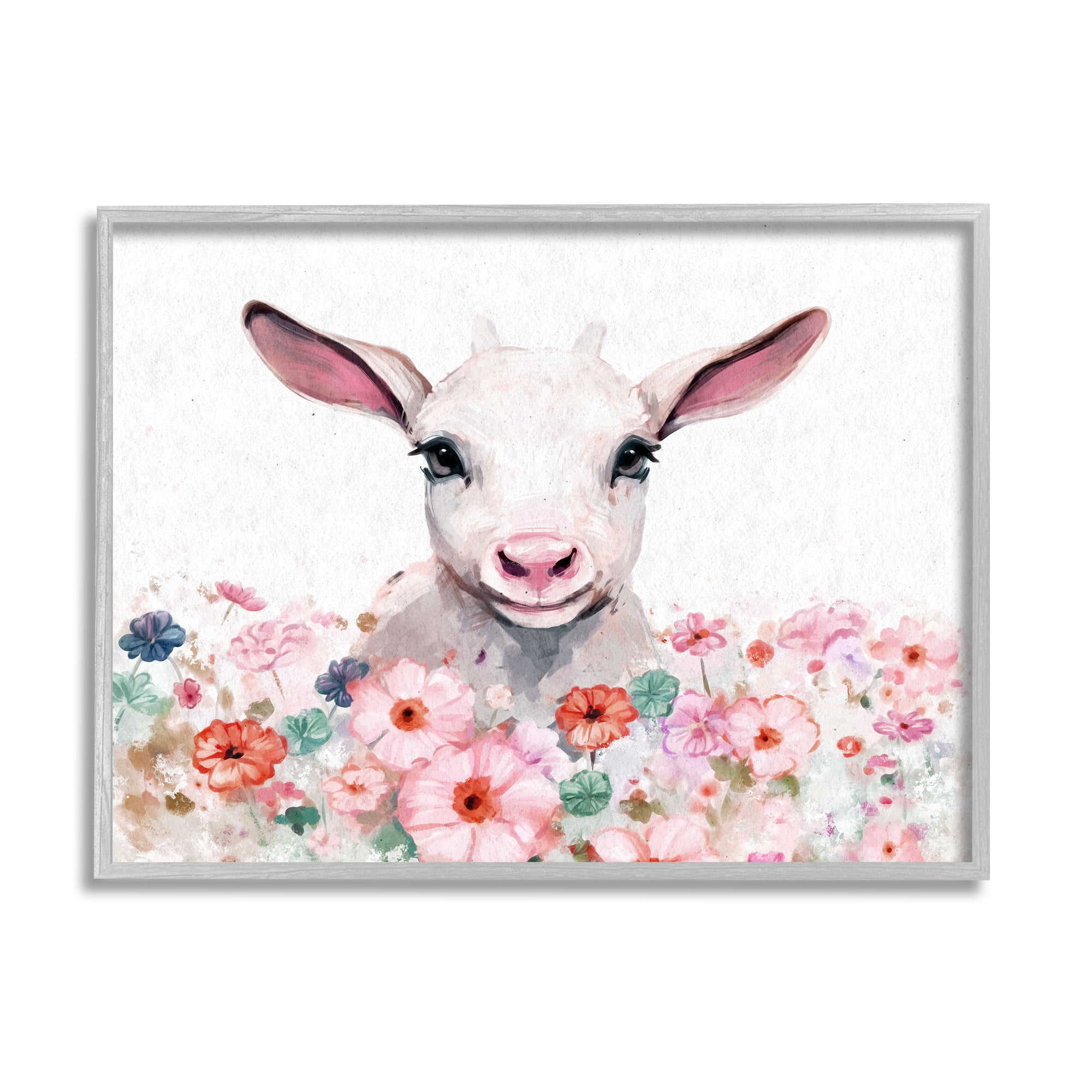 Stupell Industries Baby Sheep & Pink Flowers Animals & Insects Painting Gray Framed Art Print Wall Art, 30 x 24