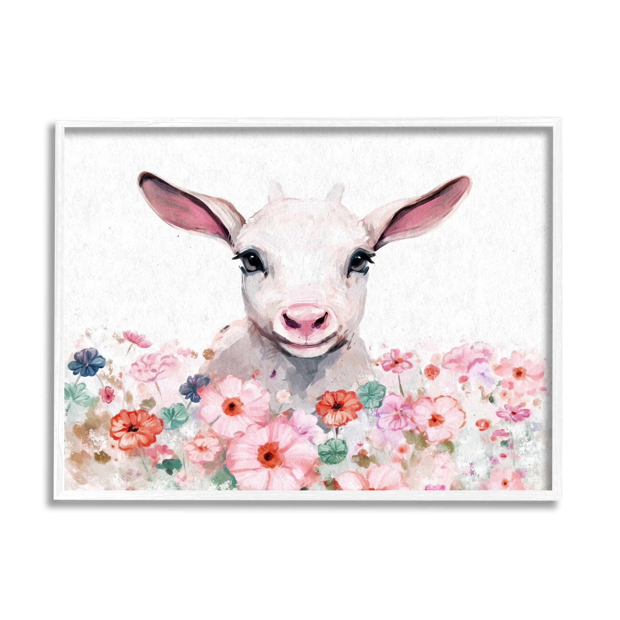Stupell Industries Baby Sheep & Pink Flowers Animals & Insects Painting White Framed Art Print Wall Art, 30 x 24