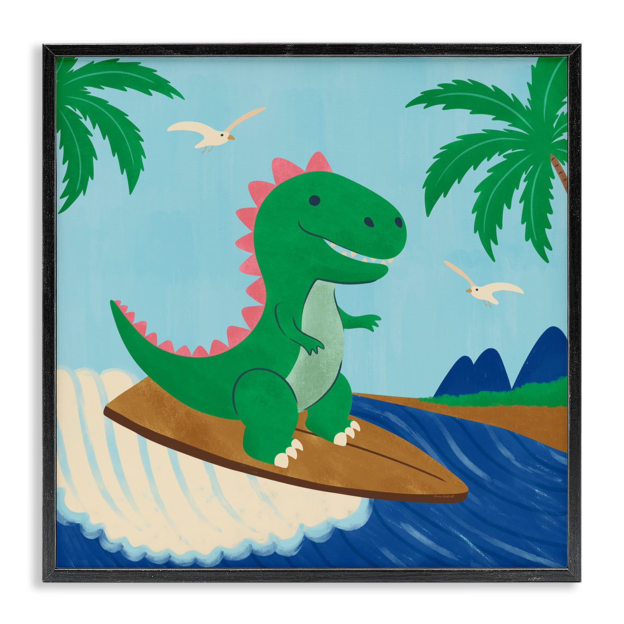 Stupell Industries Baby Surfing Dino Animals Painting Black Framed Art Print Wall Art, 17 x 17