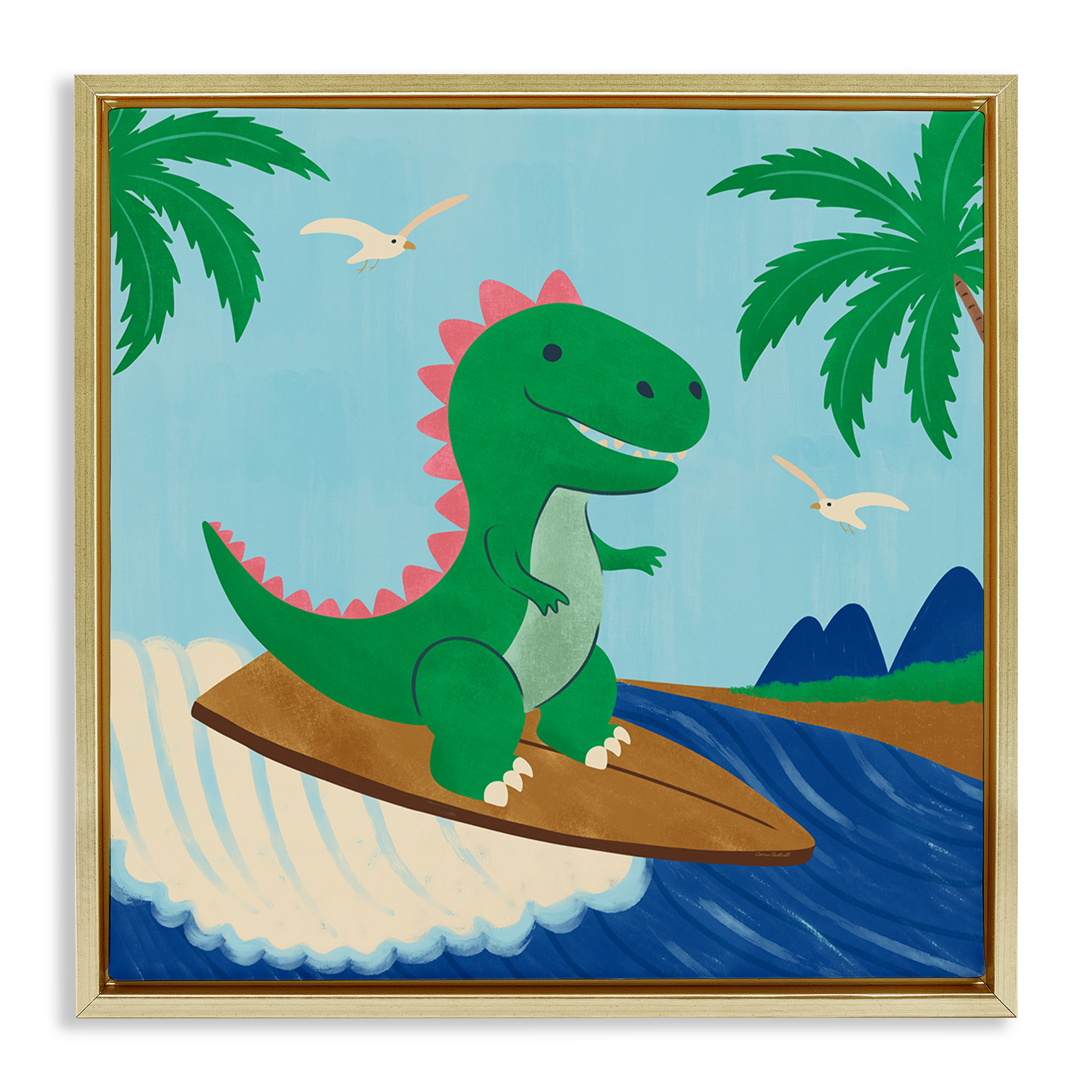 Stupell Industries Baby Surfing Dino Animals Painting Gold Floater Framed Canvas Art Print Wall Art, 18 x 18