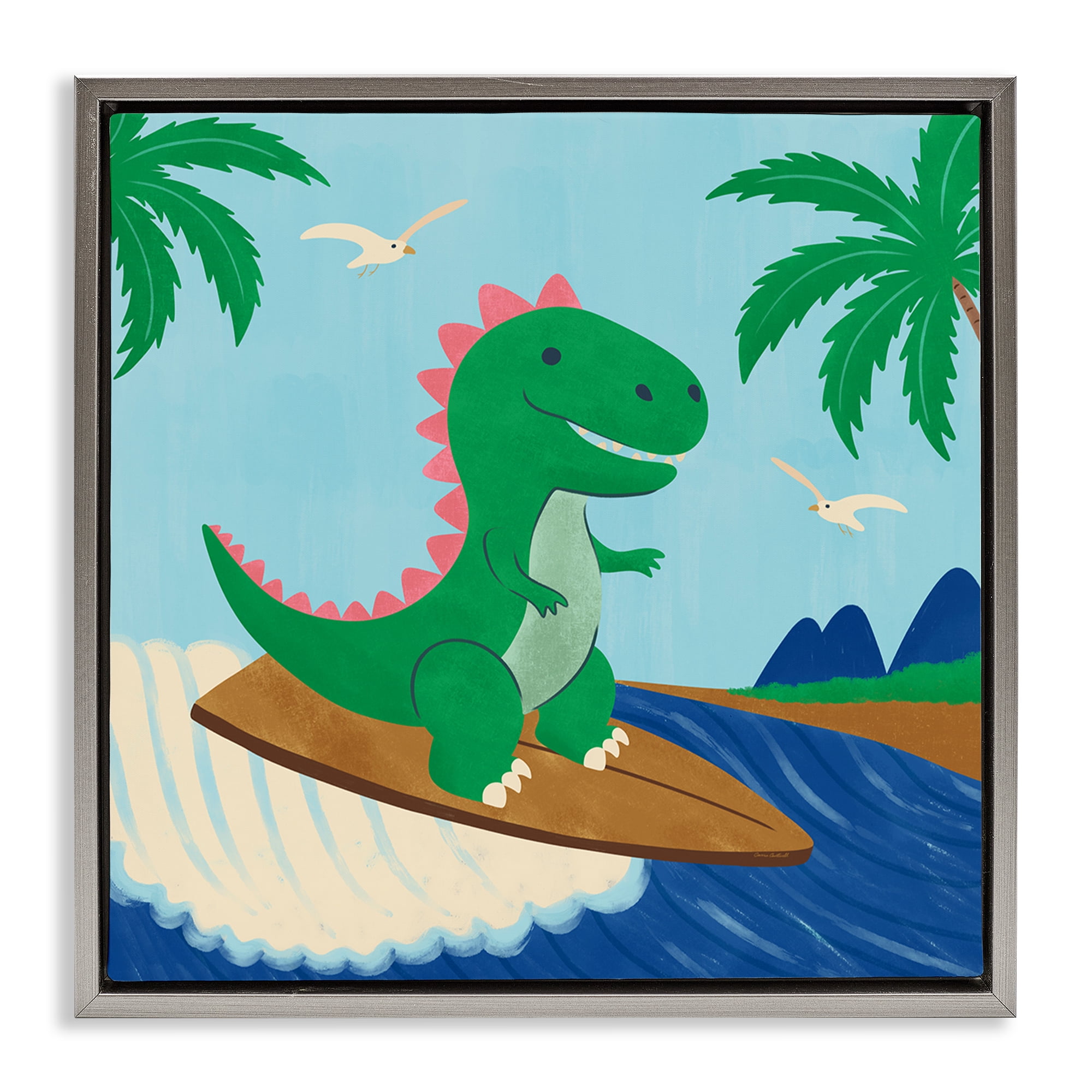 Stupell Industries Baby Surfing Dino Animals Painting Gray Floater Framed Canvas Art Print Wall Art, 18 x 18