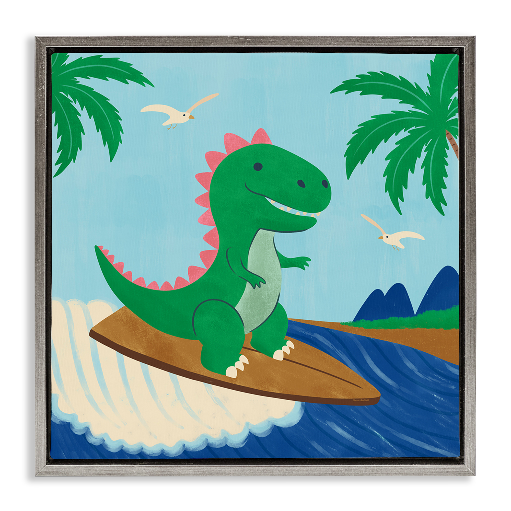 Stupell Industries Baby Surfing Dino Animals Painting Gray Floater Framed Canvas Art Print Wall Art, 25 x 25