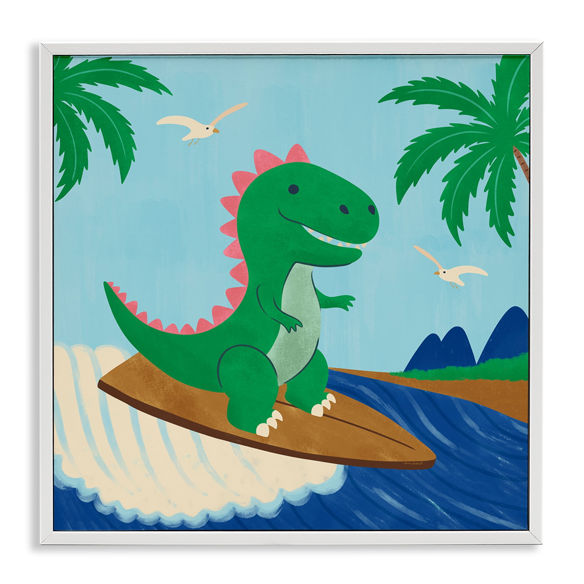 Stupell Industries Baby Surfing Dino Animals Painting White Framed Art Print Wall Art, 17 x 17