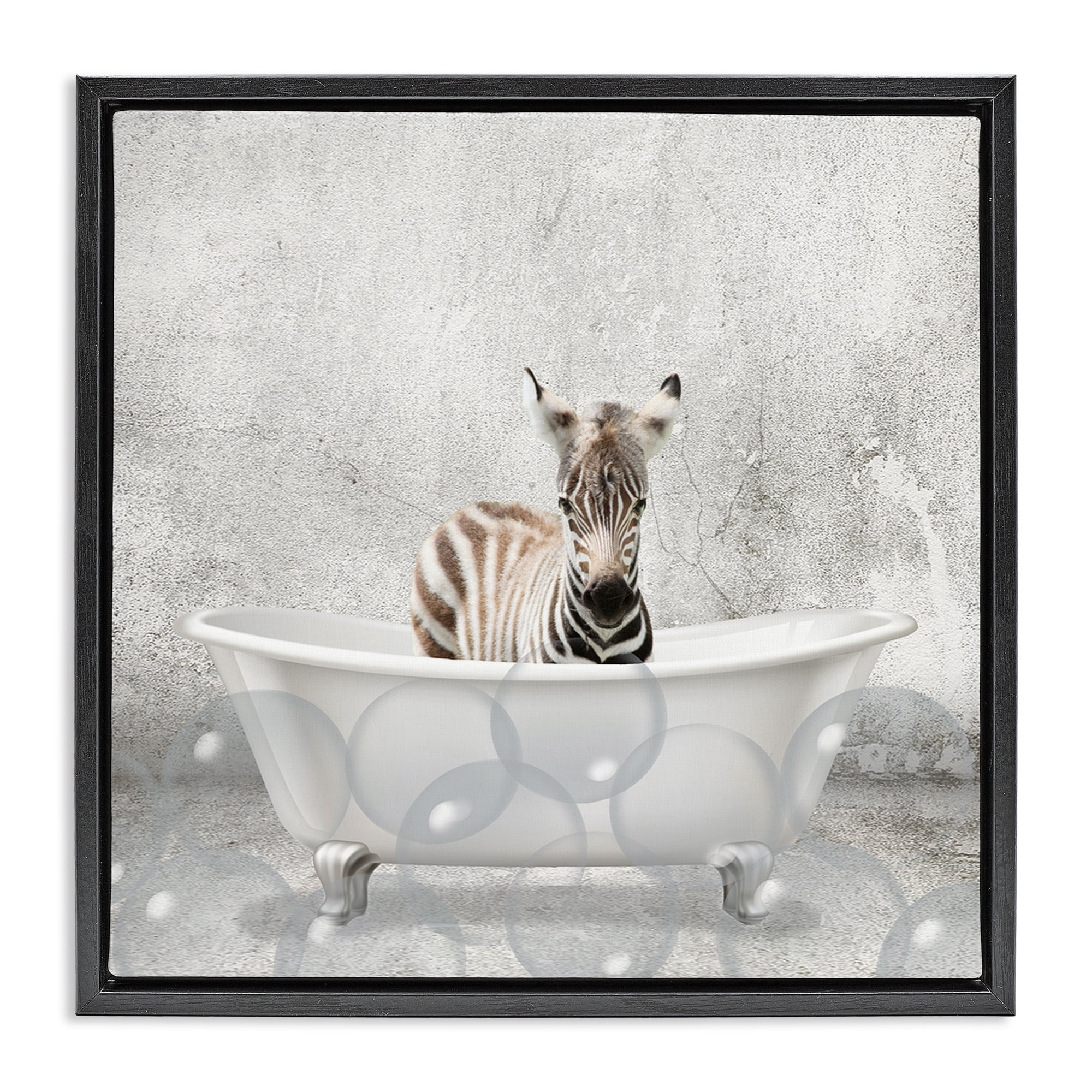 Stupell Industries Baby Zebra Bath Time Animals & Insects Painting Black Floater Framed Canvas Art Print Wall Art, 25 x 25